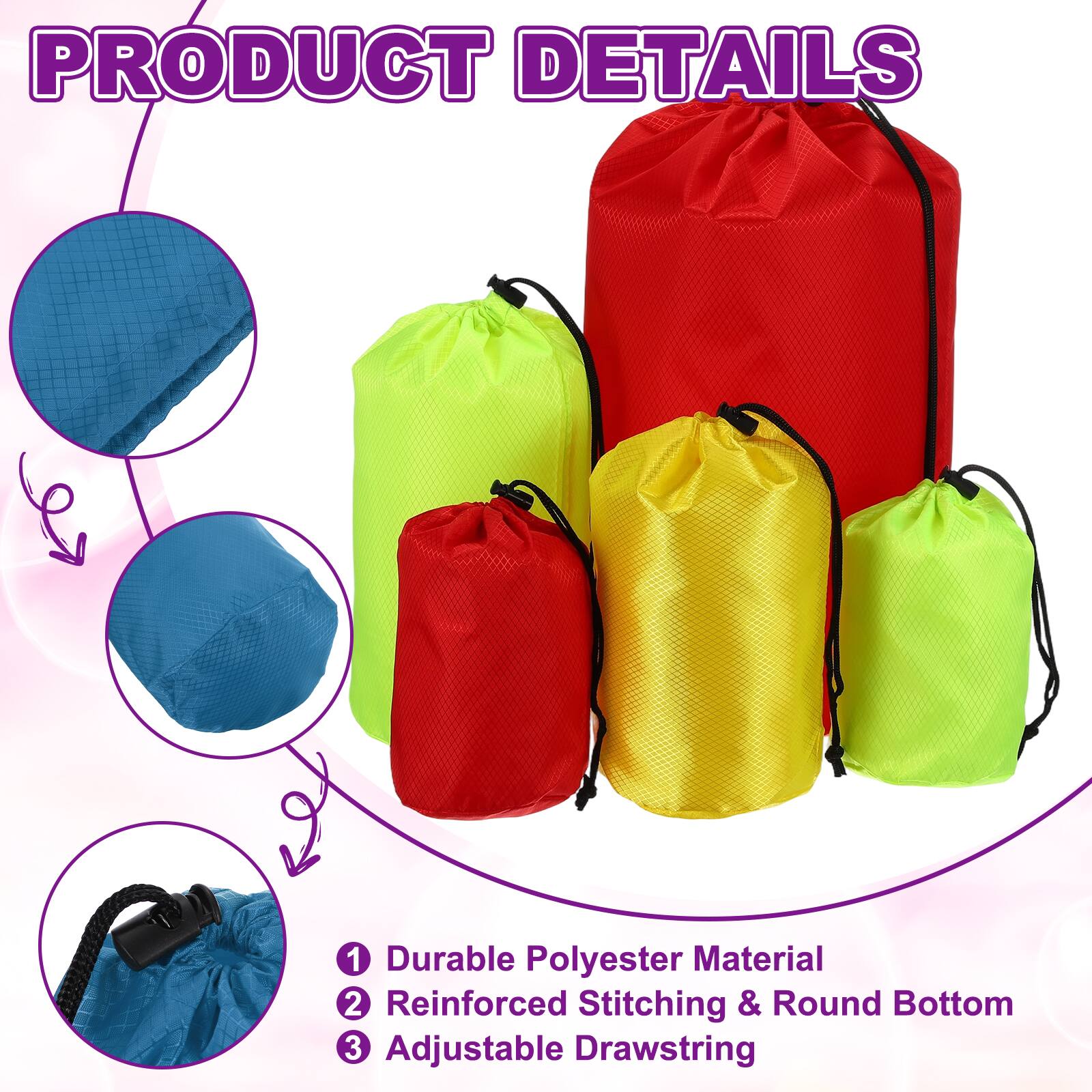 PRODUCT DETAILS

1. Durable Polyester Material
2. Reinforced Stitching & Round Bottom
3. Adjustable Drawstring