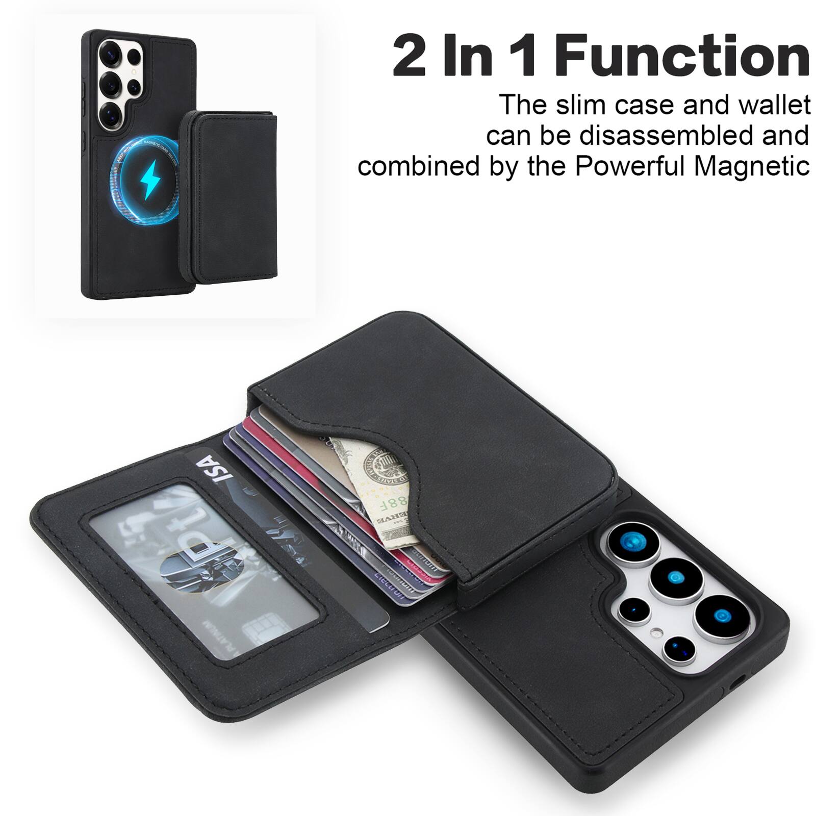 2 In 1 Function  
The slim case and wallet can be disassembled and combined by the Powerful Magnetic