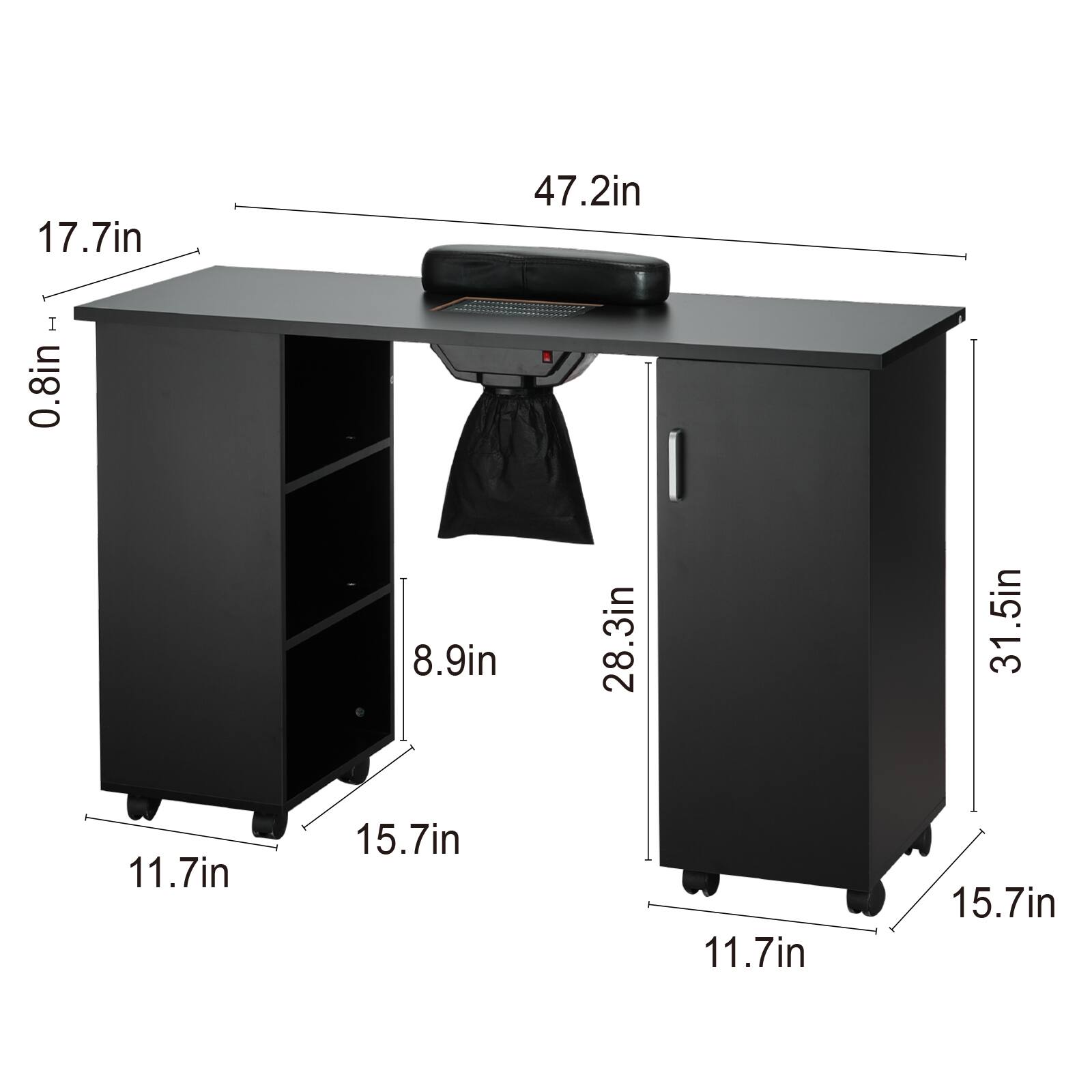 The corrected and grouped dimensions from the image are:

- Width: 17.7 in
- Depth: 47.2 in
- Height: 31.5 in
- Drawer Height: 8.9 in
- Shelf Height: 8.9 in
- Bottom Shelf Height: 11.7 in
- Bottom Shelf Width: 15.7 in
- Side Height: 0.8 in