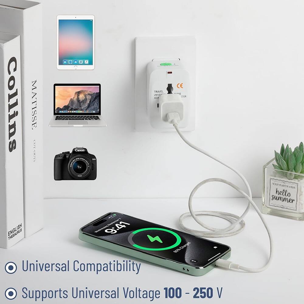 - CE TRAVEL ADAPTOR  
- Universal Compatibility  
- Supports Universal Voltage 100 - 250 V  
- hello summer