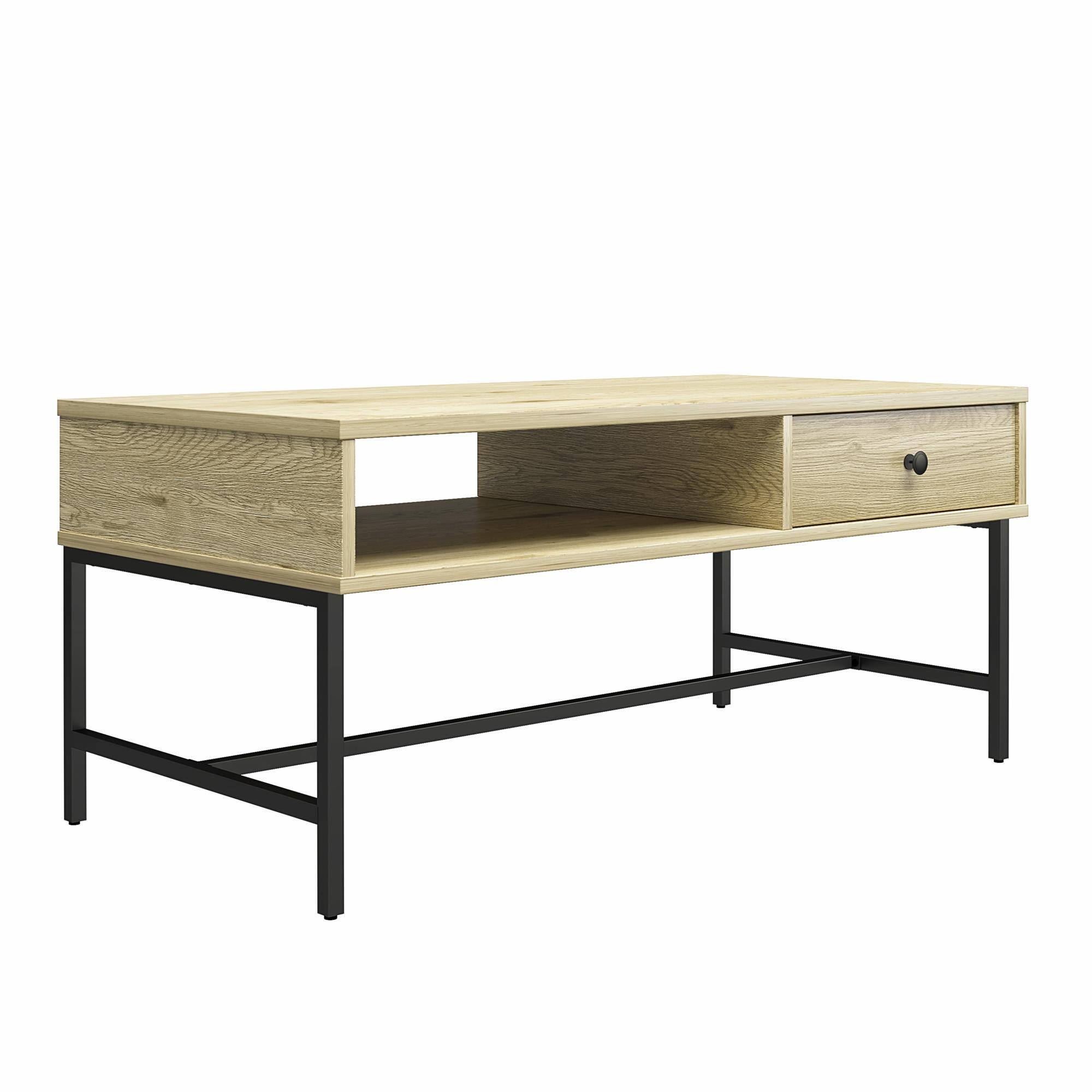 Left. Aukfa - Coffee Table - Engineered Wood & Metal Frame, Pass-Through Shelf & Drawer, 40"W x 19.7"D, Two-Toned Design - Beige.