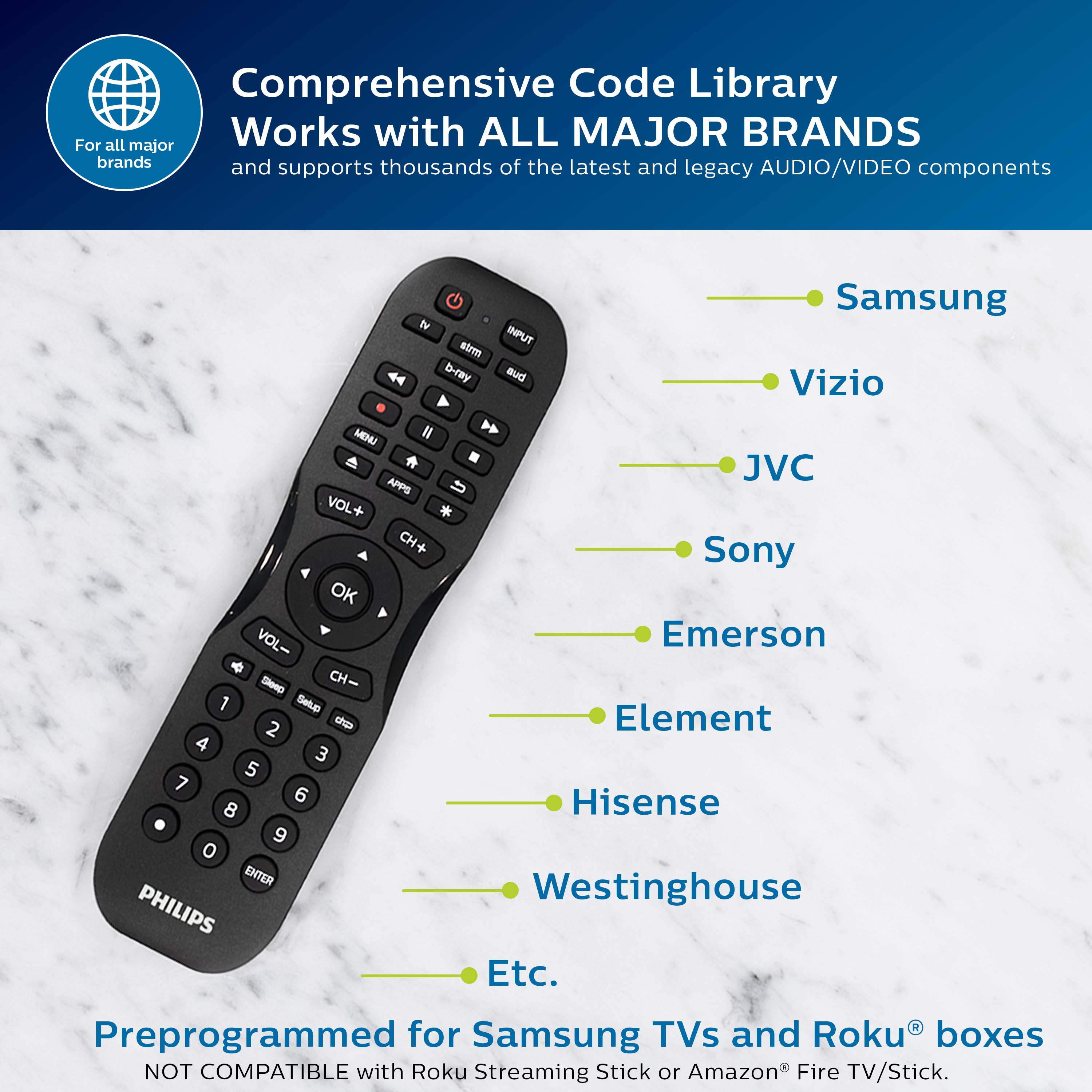 Comprehensive Code Library Works with All Major Brands and Thousands of the Latest and Legacy Audio/Video Components by Samsung, Vizio, JVC, Sony, Emerson, Element, Hisense, Westinghouse, and Philips. Preprogrammed for Samsung TVs and Roku Boxes. Not Compatible with Roku Streaming Stick or Amazon Fire TV/Stick.