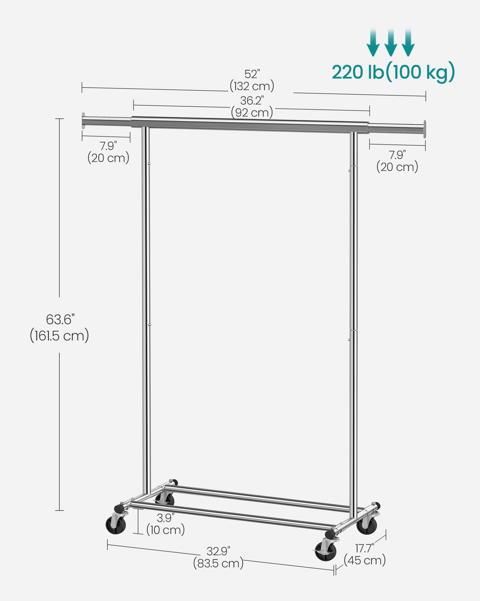 52" (132 cm)  
36.2" (92 cm)  
220 lb (100 kg)  
7.9" (20 cm)  
63.6" (161.5 cm)  
3.9" (10 cm)  
32.9" (83.5 cm)  
17.7" (45 cm)