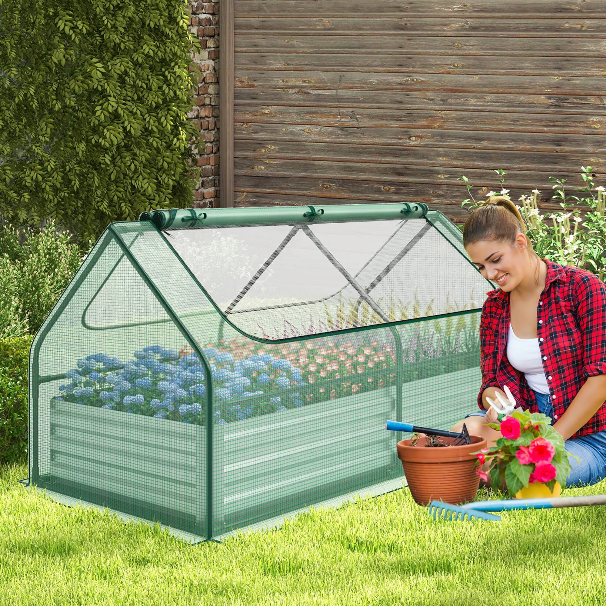 Alt View 9. Gymax - Gymax Galvanized Steel Raised Garden Bed Metal Planter Box Kit w/ Mini Greenhouse Cover - Green, Silver.