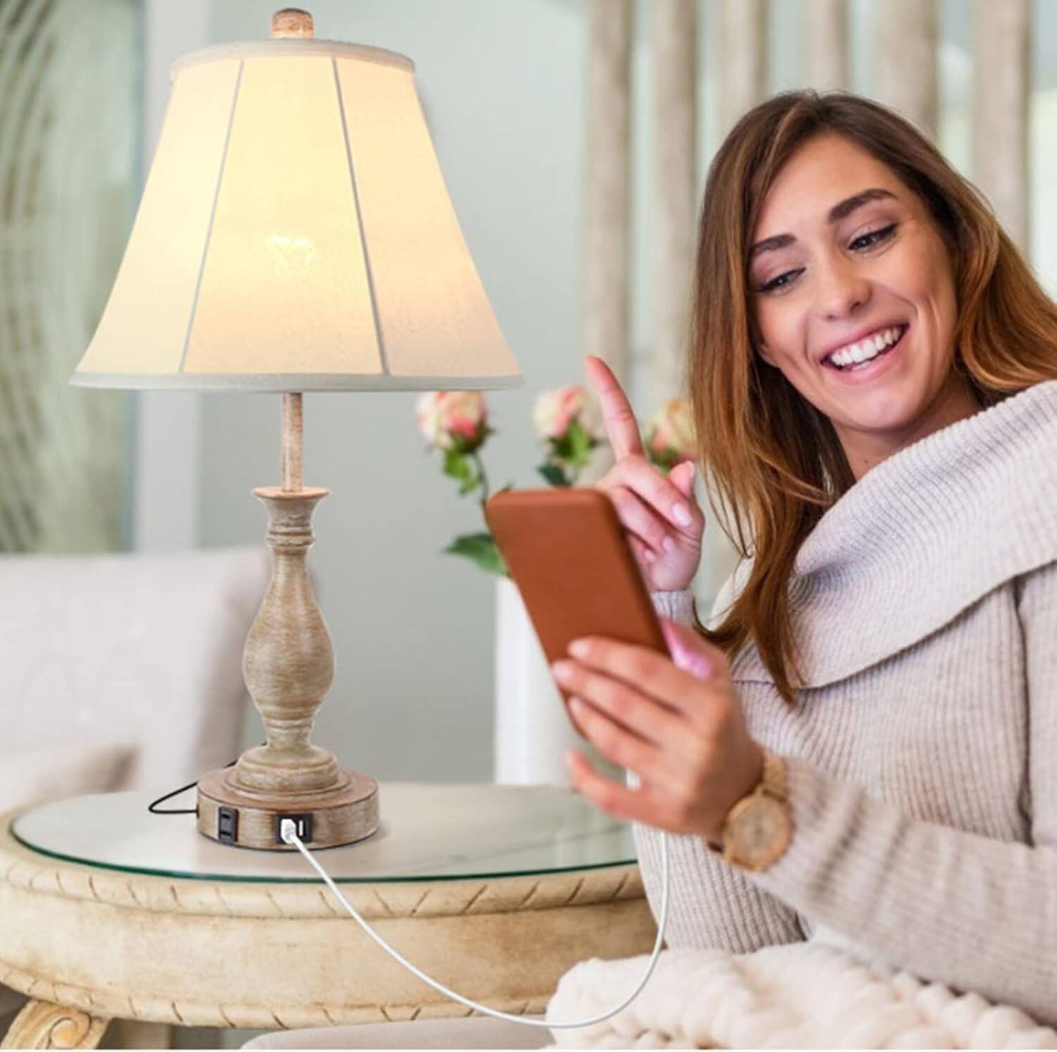 Alt View 6. Stamp n Camp - Farmhouse Table Lamp Touch Control 3-Way Dimmable Table Lamp Modern Nightstand Lamp with 2 USB Port Bedside Desk... - Pack 1-Beige Shade & Pull Chain.