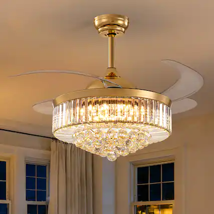 Front. Siljoy - 42 Inch Gold Crystal Retractable Ceiling Fan with LED Light Remote and App Control for Living Room Bedroom and Kitchen - Gold.