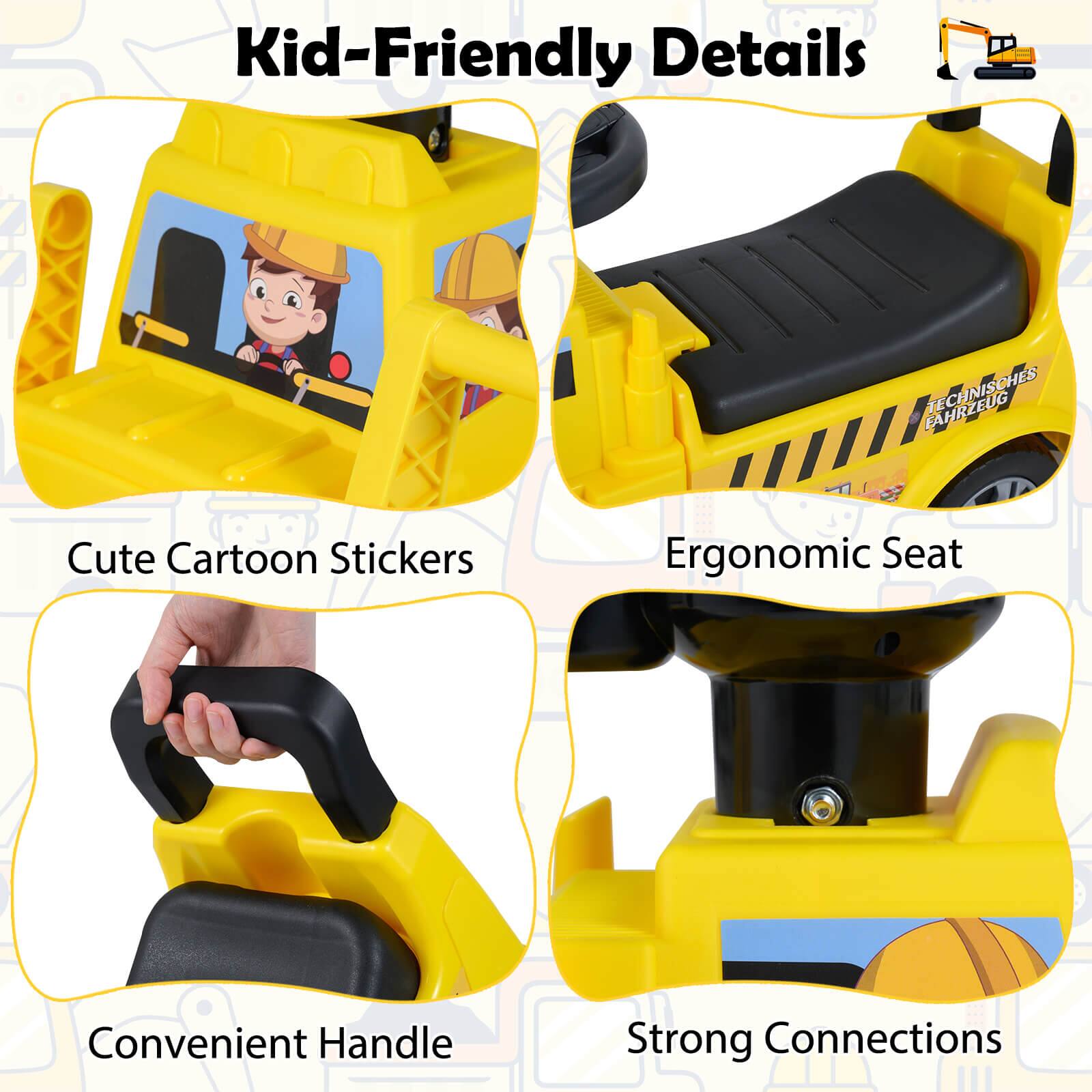 Kid-Friendly Details

- Cute Cartoon Stickers
- Ergonomic Seat
- Convenient Handle
- Strong Connections