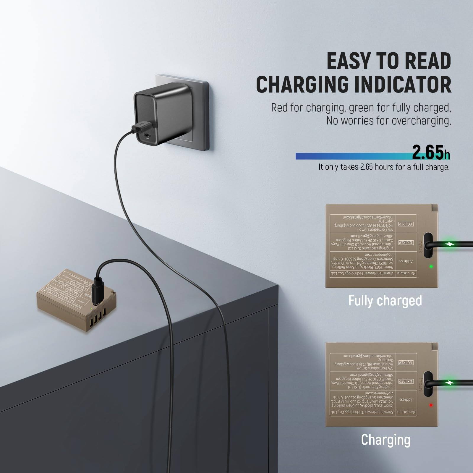 EASY TO READ CHARGING INDICATOR  
Red for charging, green for fully charged. No worries for overcharging.  
2.65h  
It only takes 2.65 hours for a full charge.  

Fully charged  
Charging