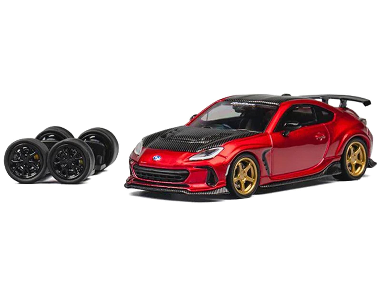 Alt View 2. CM Models - Subaru BRZ Varis Arising-1 RHD Red Metallic with Carbon Hood and Top and Extra Wheels 1/64 Diecast Model Car by CM Model.