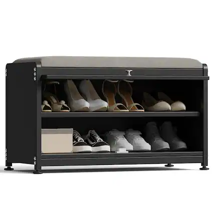 Front. Malletson - 3-Tier Shoe Storage Bench, Metal Shoe Rack with Removable Seat Cushion, for Entranceways, Hallways and Bedrooms - Black.