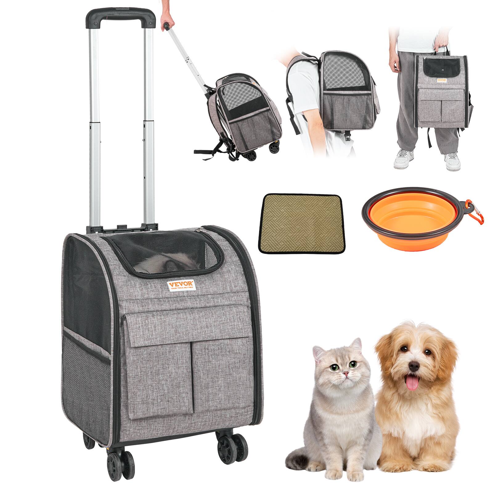 Front. VEVOR - Rolling Pet Carrier Backpack with Removable Wheels for Under 18LBS, Large Soft Sided Wheeled Dog Carrier - Grey.