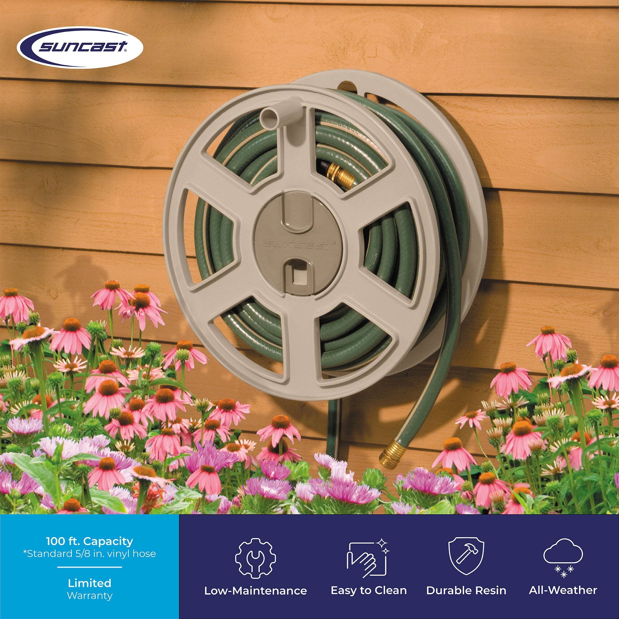 suncast  
SUNCAST  
100 ft. Capacity *Standard 5/8 in. vinyl hose  
Limited Warranty  
Low-Maintenance Easy to Clean Durable Resin All-Weather