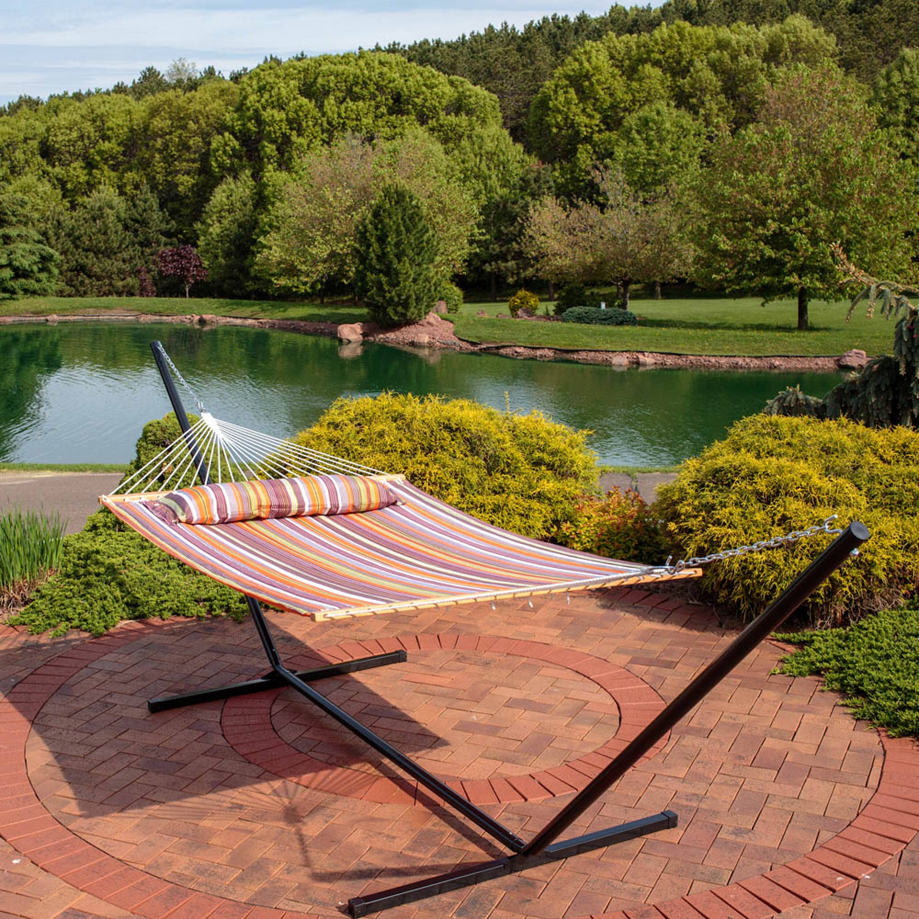 Alt View 2. Sunnydaze - 2-Person Quilted Fabric Hammock with Steel Stand - Canyon Sunset.