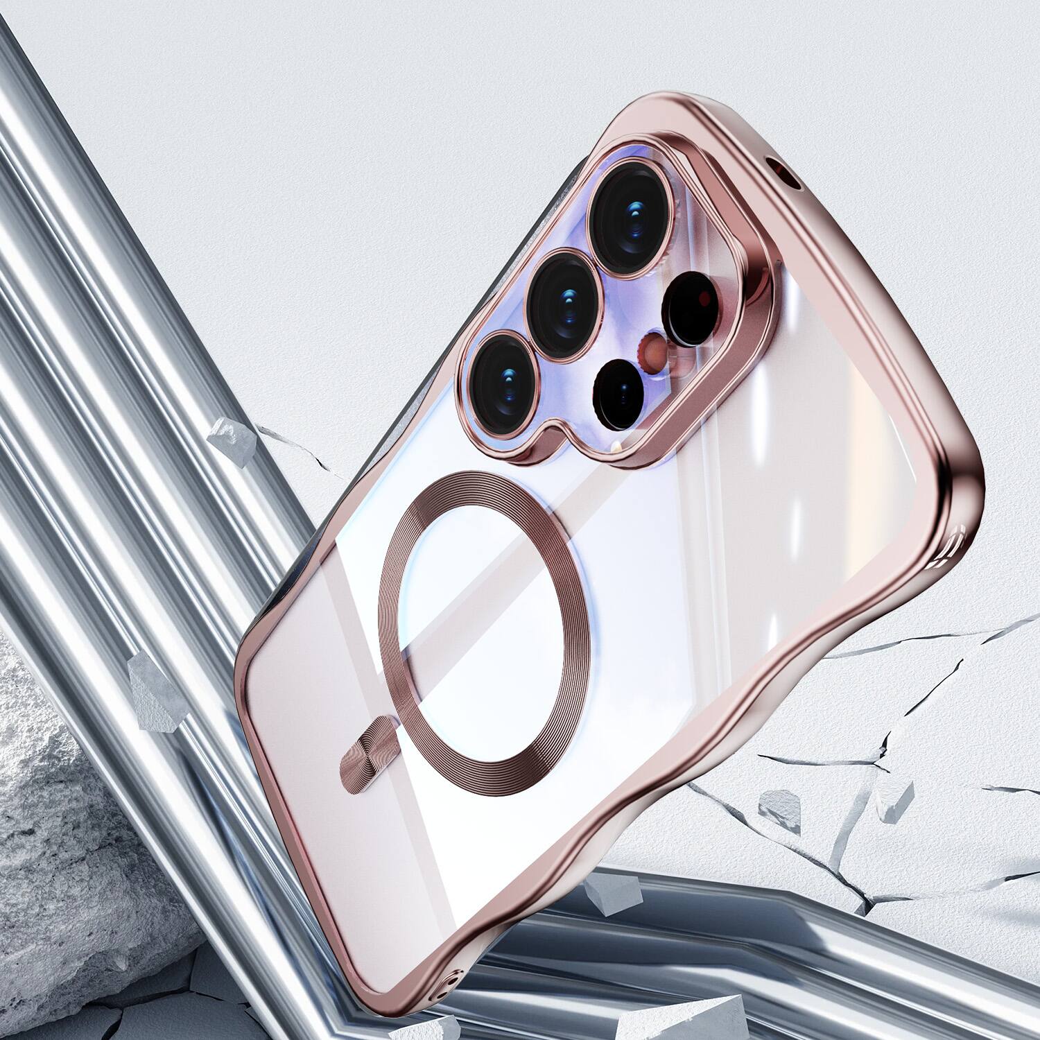Back. Dteck - Magnetic Case Samsung Galaxy S26 Ultra Built-in Lens Protector Shockproof Plating Curly Wavy Frame Clear Back Cover - Pink.
