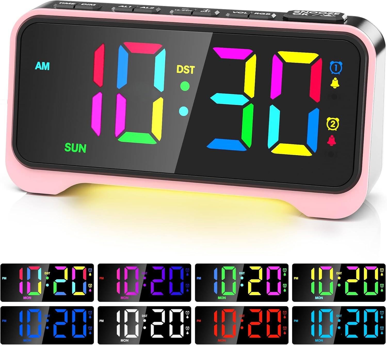 Stamp n Camp - Alarm Clock for Kids Teens, Dynamic RGB Bedroom Bedside, Nightstand Desk with Night Light, Large Numbers, 2 USB Phone - Pink