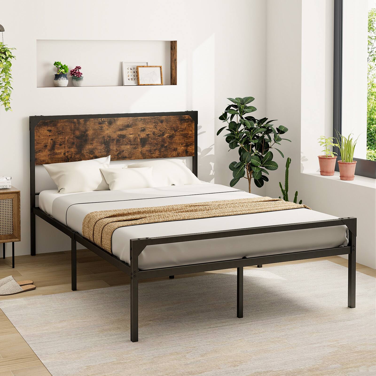 Alt View 9. Ecooso - Platform Full Bed with Rustic Headboard and Footboard - Brown & Black.