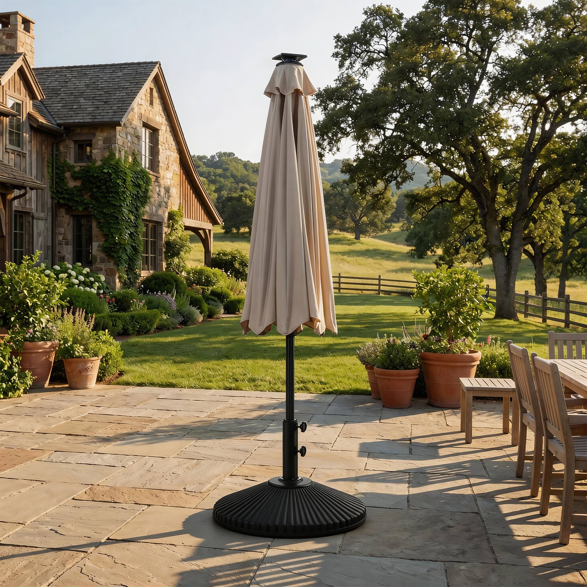 Back. Mondawe - 10ft Electric Patio Umbrella with Remote and LED Light - Tan.