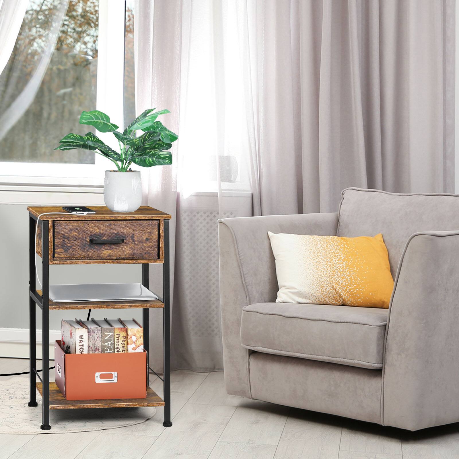 Oumilen - Nightstand with Charging Station, Industrial End Table with Drawer & 2 Shelves - Rustic Brown
