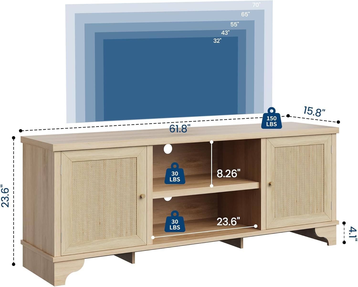 70"  
65"  
55"  
43"  
32"  

61.8"  
15.8"  
8.26"  
23.6"  
23.6"  
4.1"  

150 LBS  
30 LBS  
30 LBS