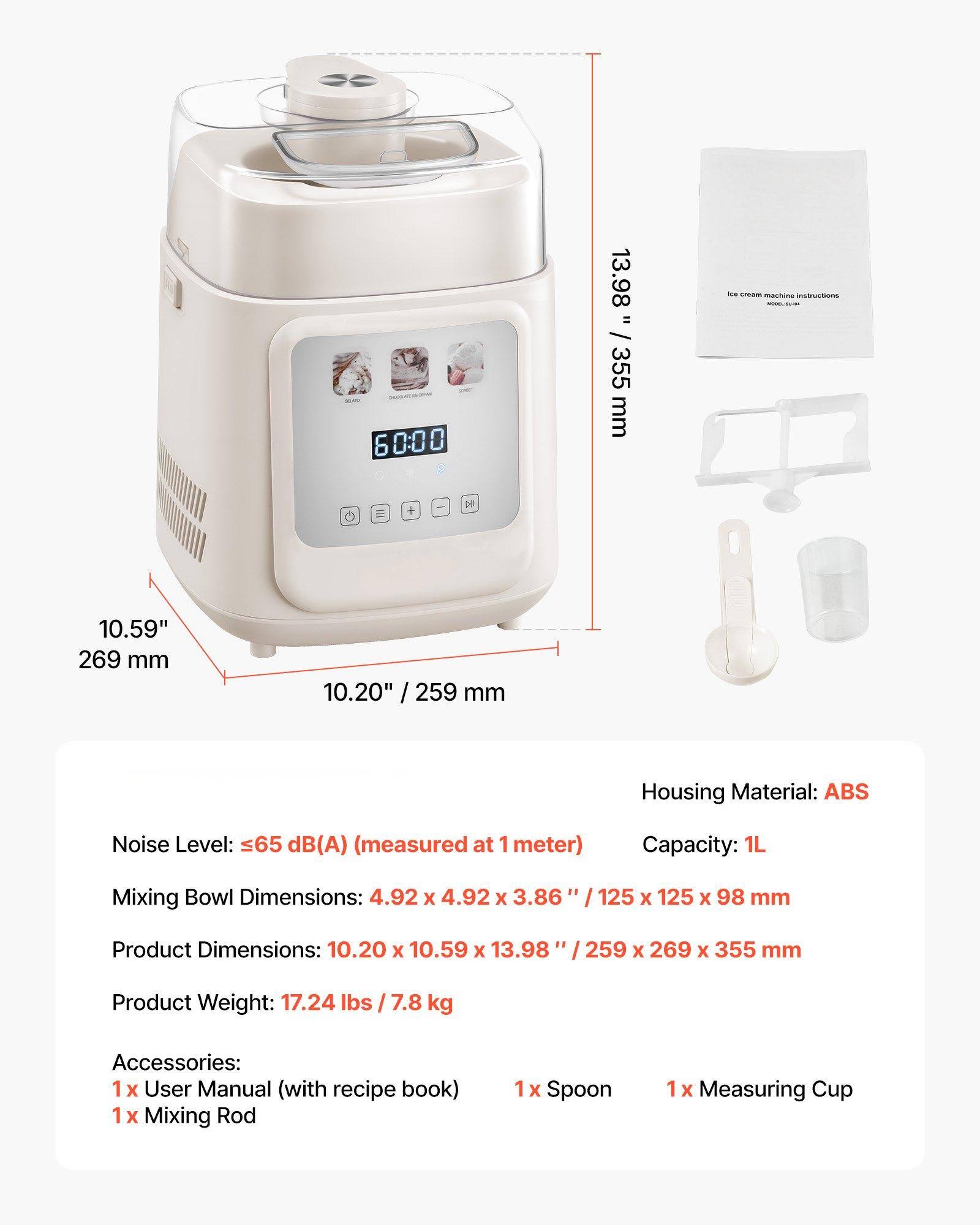 Sure, here is the corrected and grouped text:

---

**Housing Material:** ABS

**Noise Level:** ≤65 dB(A) (measured at 1 meter)

**Capacity:** 1L

**Mixing Bowl Dimensions:** 4.92 x 4.92 x 3.86 / 125 x 125 x 98 mm

**Product Dimensions:** 10.20 x 10.59 x 13.98 / 259 x 269 x 355 mm

**Product Weight:** 17.24 lbs / 7.8 kg

**Accessories:**
- 1 x User Manual (with recipe book)
- 1 x Mixing Rod
- 1 x Spoon
- 1 x Measuring Cup

---

**Dimensions:**
- Height: 13.98" / 355 mm
- Width: 10.59" / 269 mm
- Depth: 10.20" / 259 mm