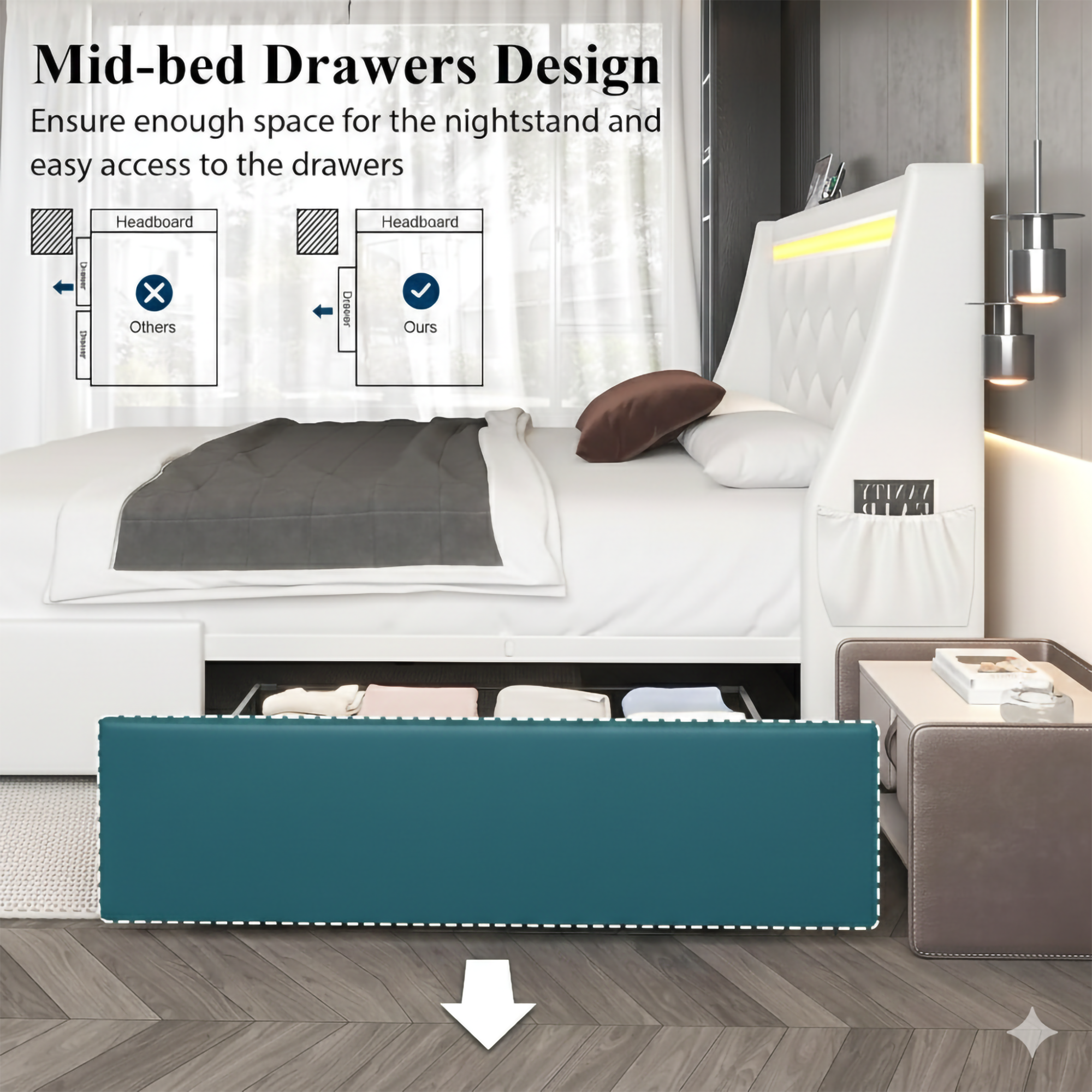 Mid-bed Drawers Design  
Ensure enough space for the nightstand and easy access to the drawers  

Headboard  
Others ❌  
Ours ✅