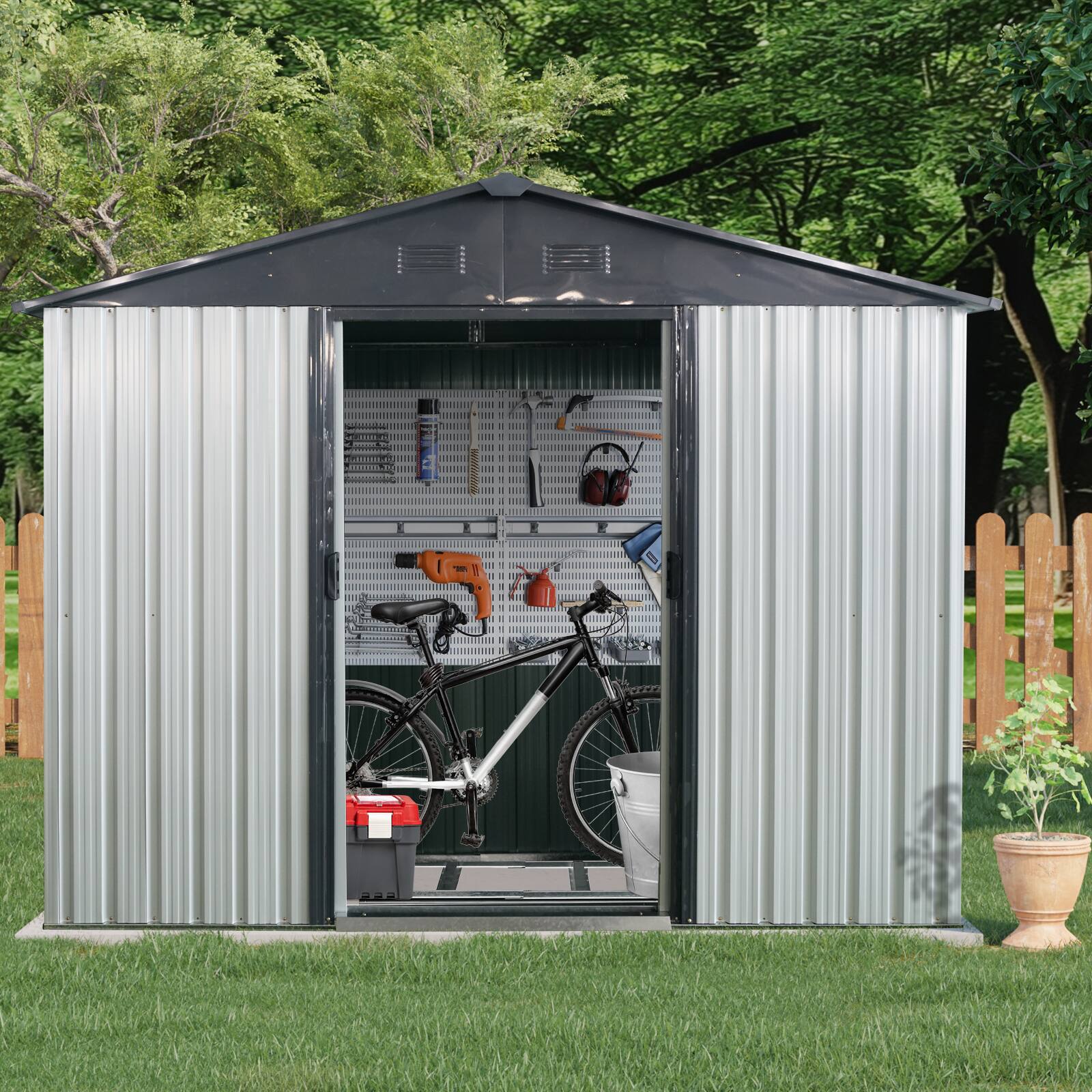 Angle. Loheer - Loheer 8x4 Metal Storage Shed with Window and Foundation Backyard Storage House for Garden Tools White and Black.