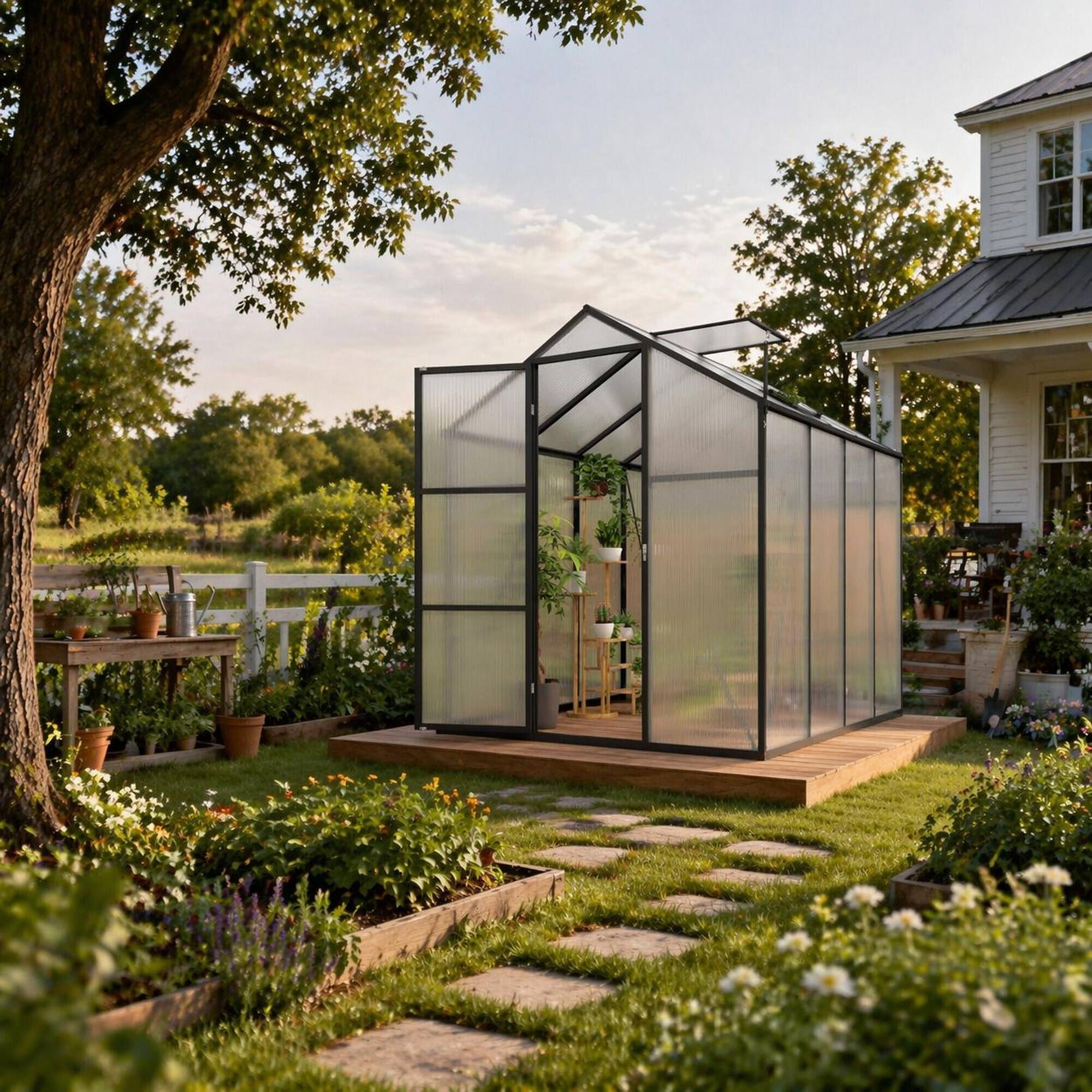 Left. RYHNUYNE - 6 x 8 ft Walk-in Polycarbonate Greenhouse, Heavy Duty Aluminum Frame, Raised Base, Anchor Kit, All Season.