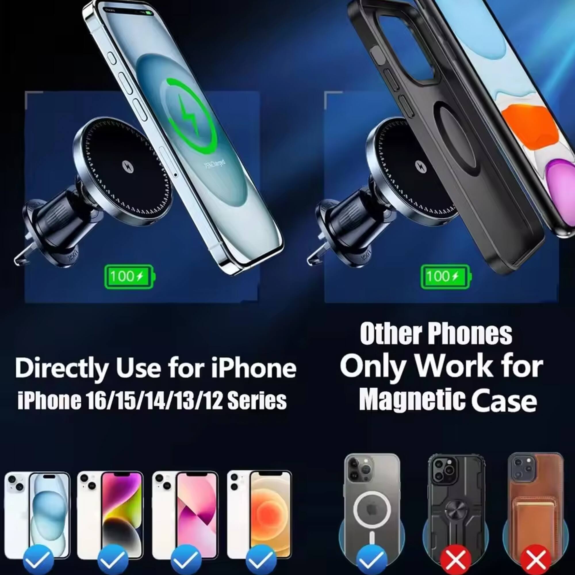 - Directly Use for iPhone
- iPhone 16/15/14/13/12 Series
- Other Phones Only Work for Magnetic Case