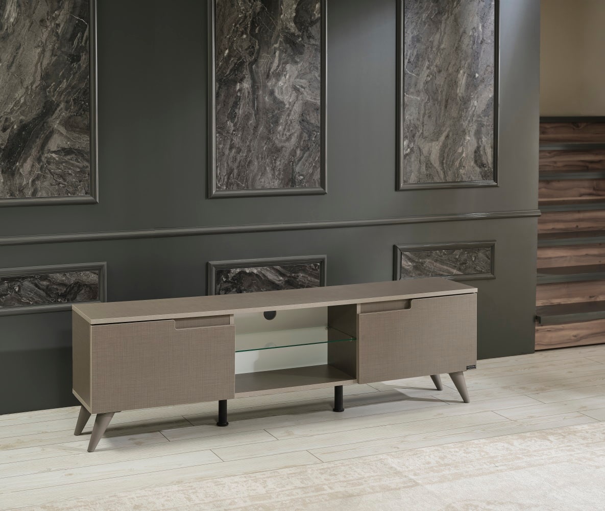 Spaco - Mid Century Modern TV Stand, 66 inch TV Unit with 2 Cabinets and Glass Shelf, for Living Room Entertainment Center - Brown