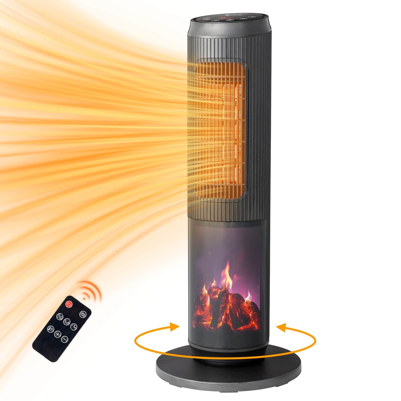 Winado - 25" Tower Space Heater with 3D Flame, 1500W Portable Electric Heater with Thermostat, 60° Oscillation, Timer, Remote - Black