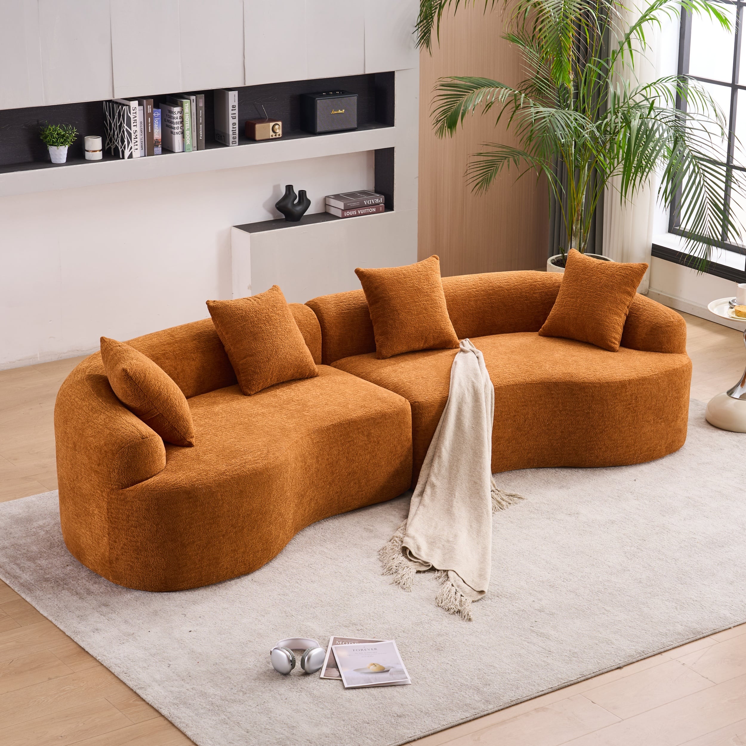Anysun - 110" Orange Curved Chenille Sectional Sofa - High-Density Sponge, Modular Sleeper Couch for Apartment & Living Room. - Orange