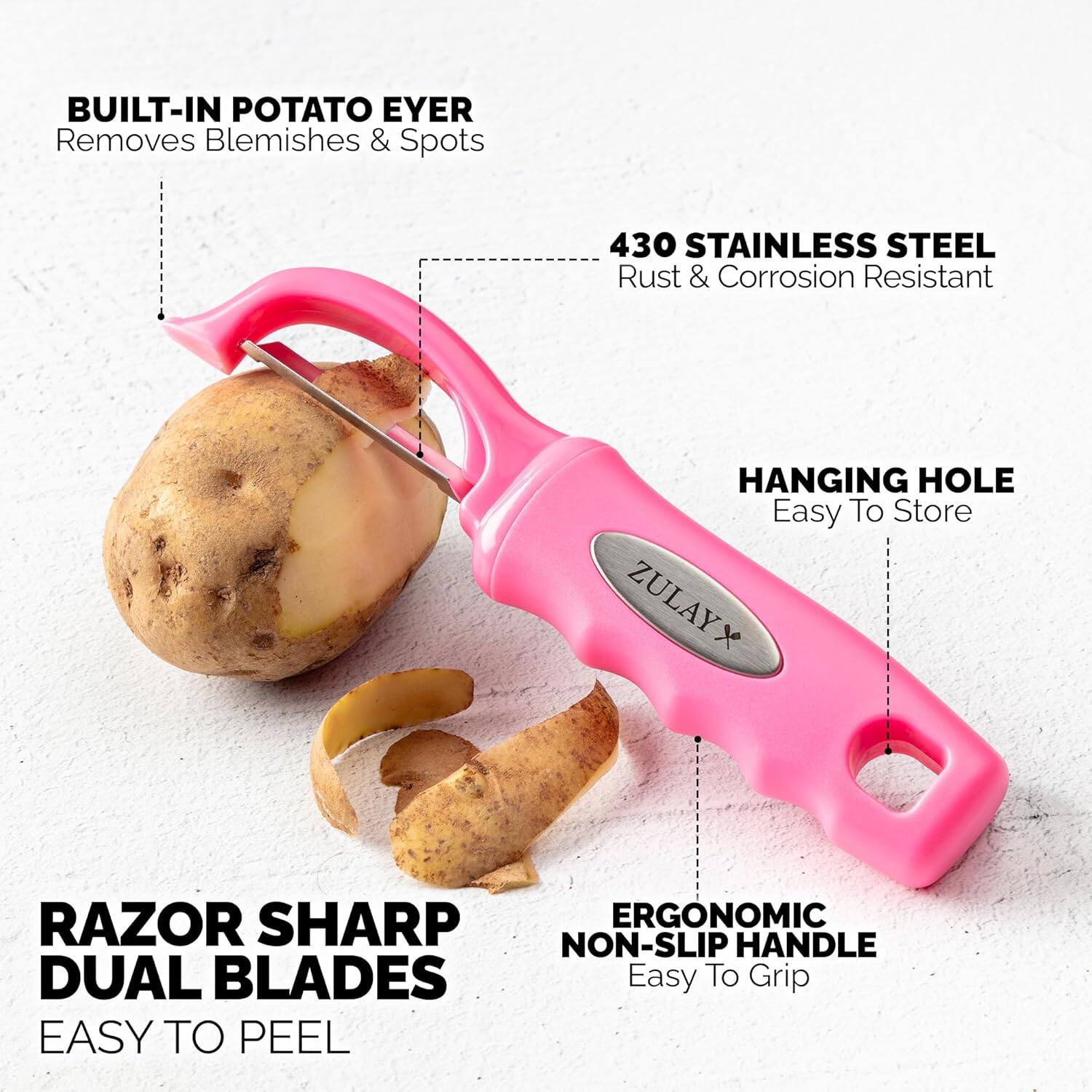 - Built-in potato eye remover
- Removes blemishes & spots
- 430 stainless steel, rust & corrosion resistant
- Hanging hole for easy storage
- Razor sharp dual blades
- Ergonomic non-slip handle
- Easy to grip
- Easy to peel