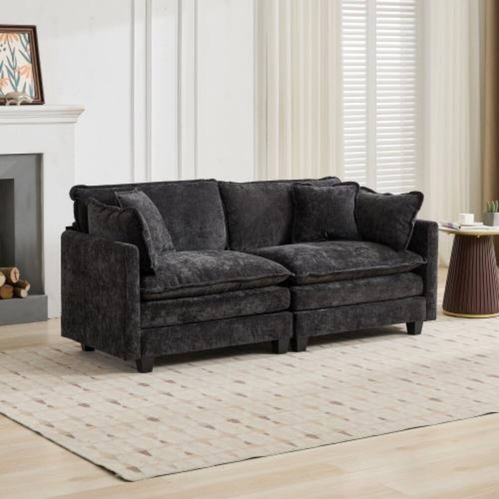 Back. LUCKY ONE - Modular Cloud Sofa Loveseat Sectional Couch Chenille Fabric Double Layer Cushion - Black.