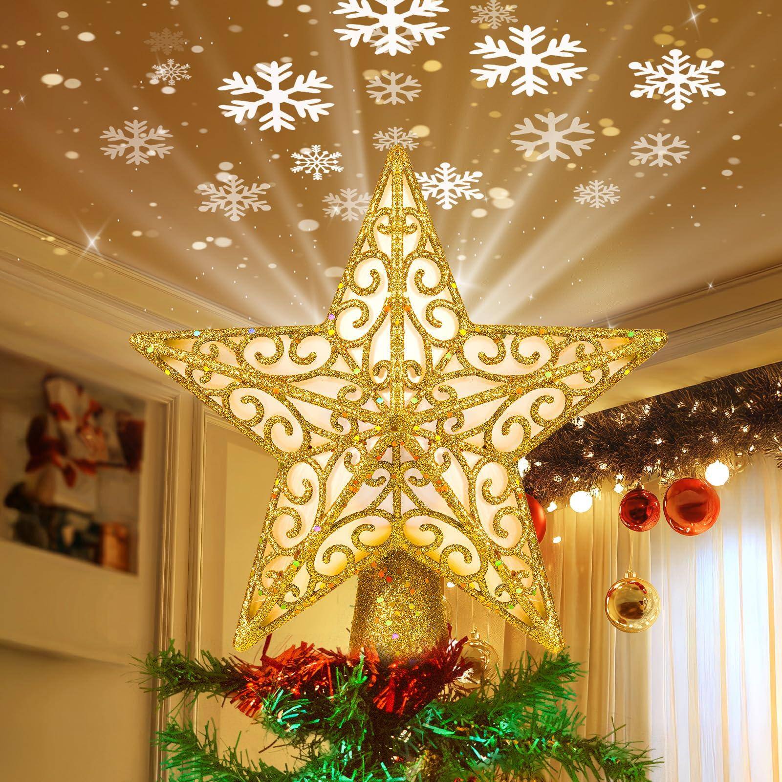 Stylel Star - Christmas Star Tree Topper With Built-in 3d Glitter Led Snowflake Projector Lights Hollowed Pentagram Toppers - Gold-Star