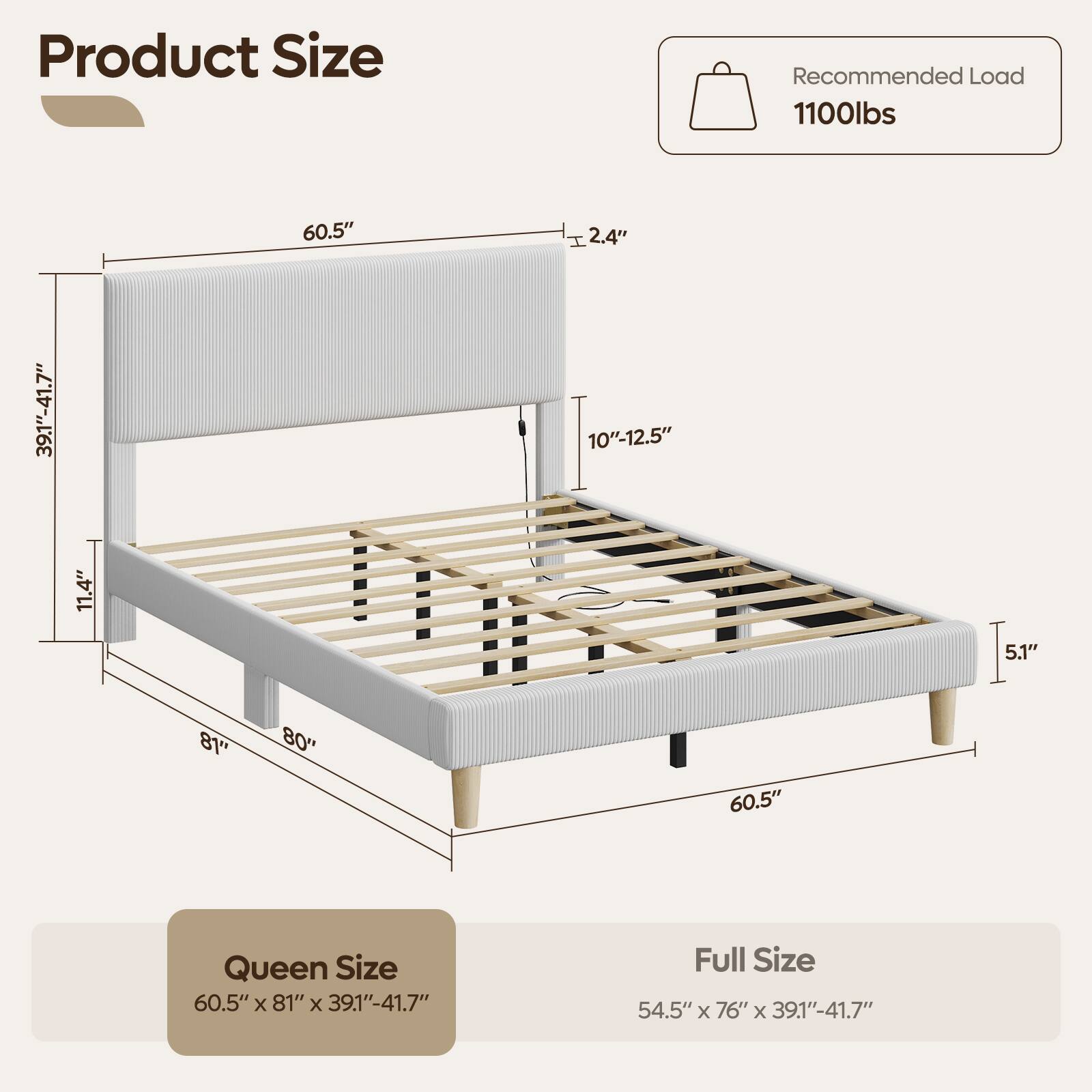 Product Size: 60.5" x 81" x 39.1"-41.7", Full Size: 54.5" x 76" x 39.1"-41.7", Recommended Load: 1100lbs, 60.5", 2.4", 10"-12.5", 11.4", 5.1", 81"