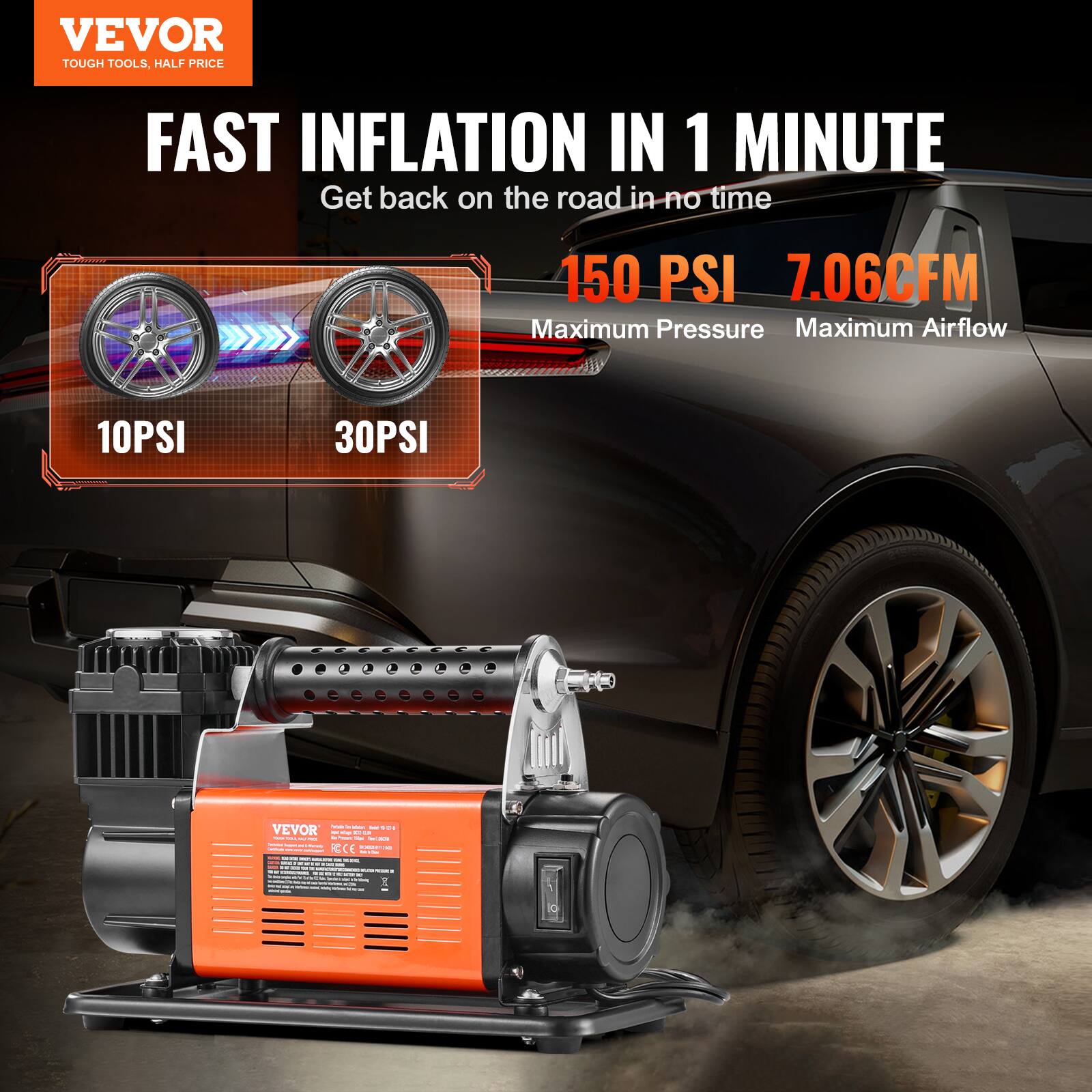 VEVOR  
TOUGH TOOLS, HALF PRICE  

FAST INFLATION IN 1 MINUTE  
Get back on the road in no time  

150 PSI  
Maximum Pressure  

7.06CFM  
Maximum Airflow  

10PSI  
30PSI