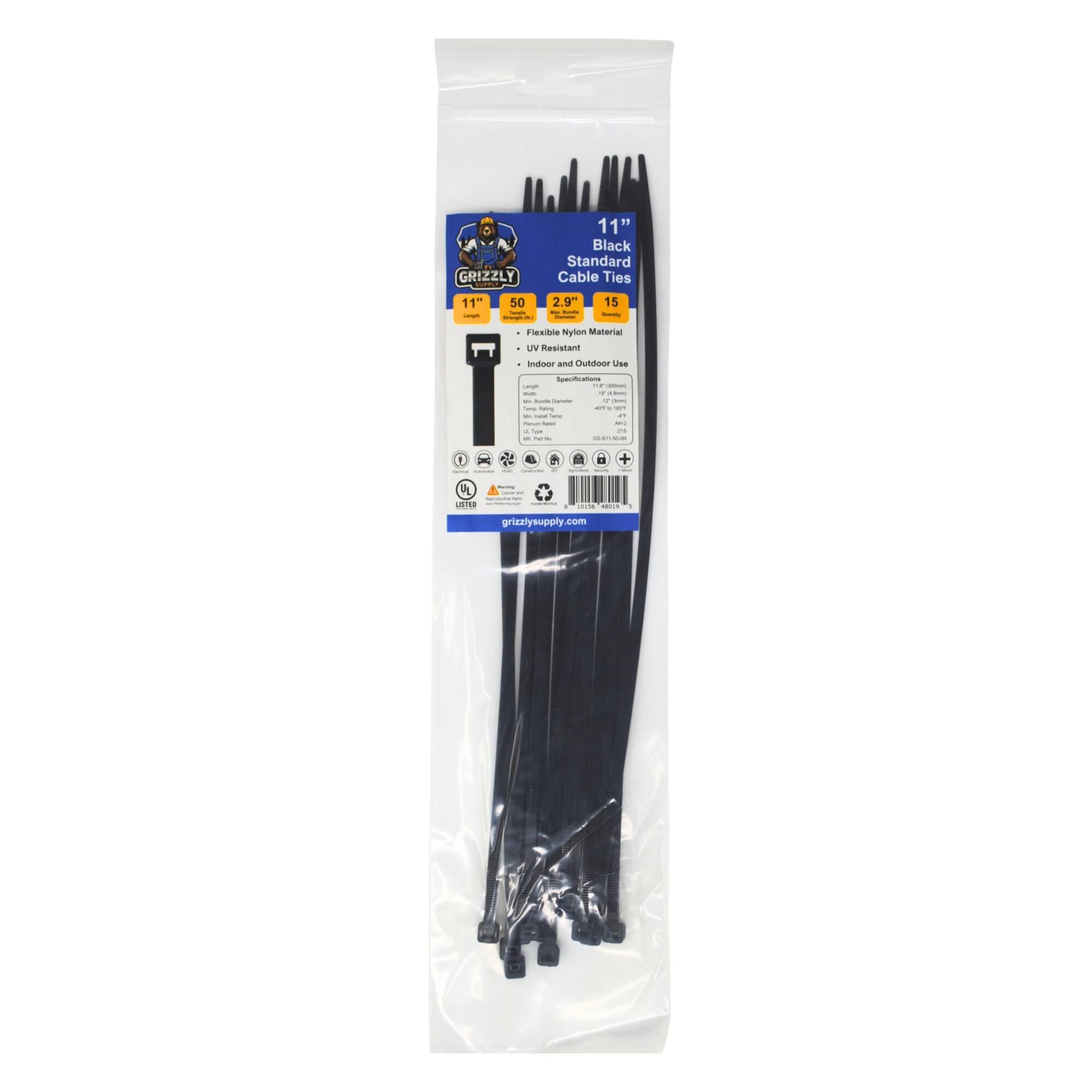 GRIZZLY | 11" 50 - - - 11" Black Standard Cable Ties 2.9" 15 / - - - Flexible Nylon Material UV Resistant Indoor and Outdoor Use | I . - 1 : - - - : - 1 -. I - I - 1 : I : - - - - /  -  1 | - ee : + | H e AO - - : we : grizzlysupply.com