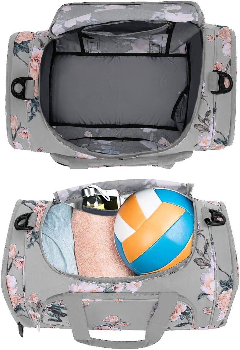 Left. mosiso - Peony Sports Duffel Bag for Women & Men, Gym Bag with Shoe Compartment for Dance, Travel & Weekend Trips - Gray.