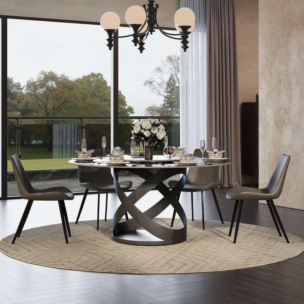 Angle. POVISON - 51" Modern Black Round Dining Table for 6 with Lazy Susan, Matte Sintered Stone Tabletop, Black X Carbon Steel Base - Black Matte Sintered Stone with Black.
