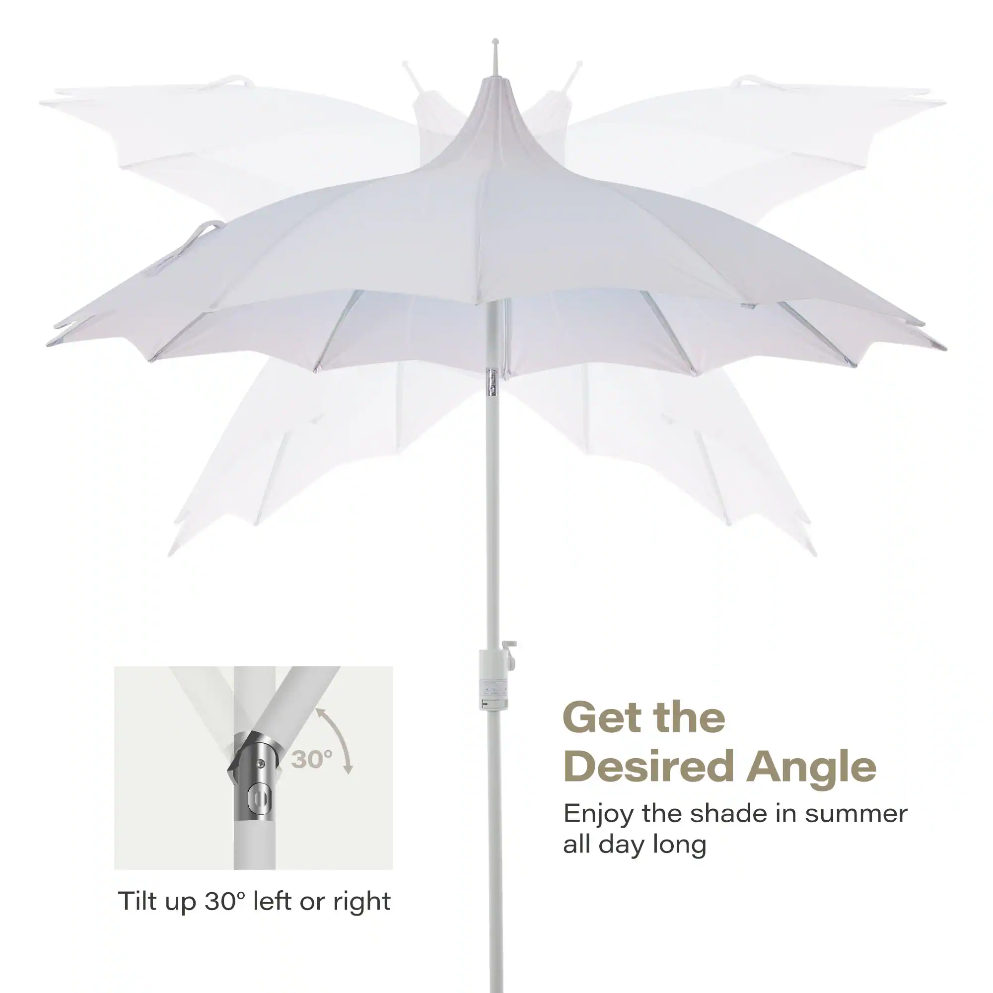 Get the Desired Angle  
Enjoy the shade in summer all day long  
Tilt up 30° left or right