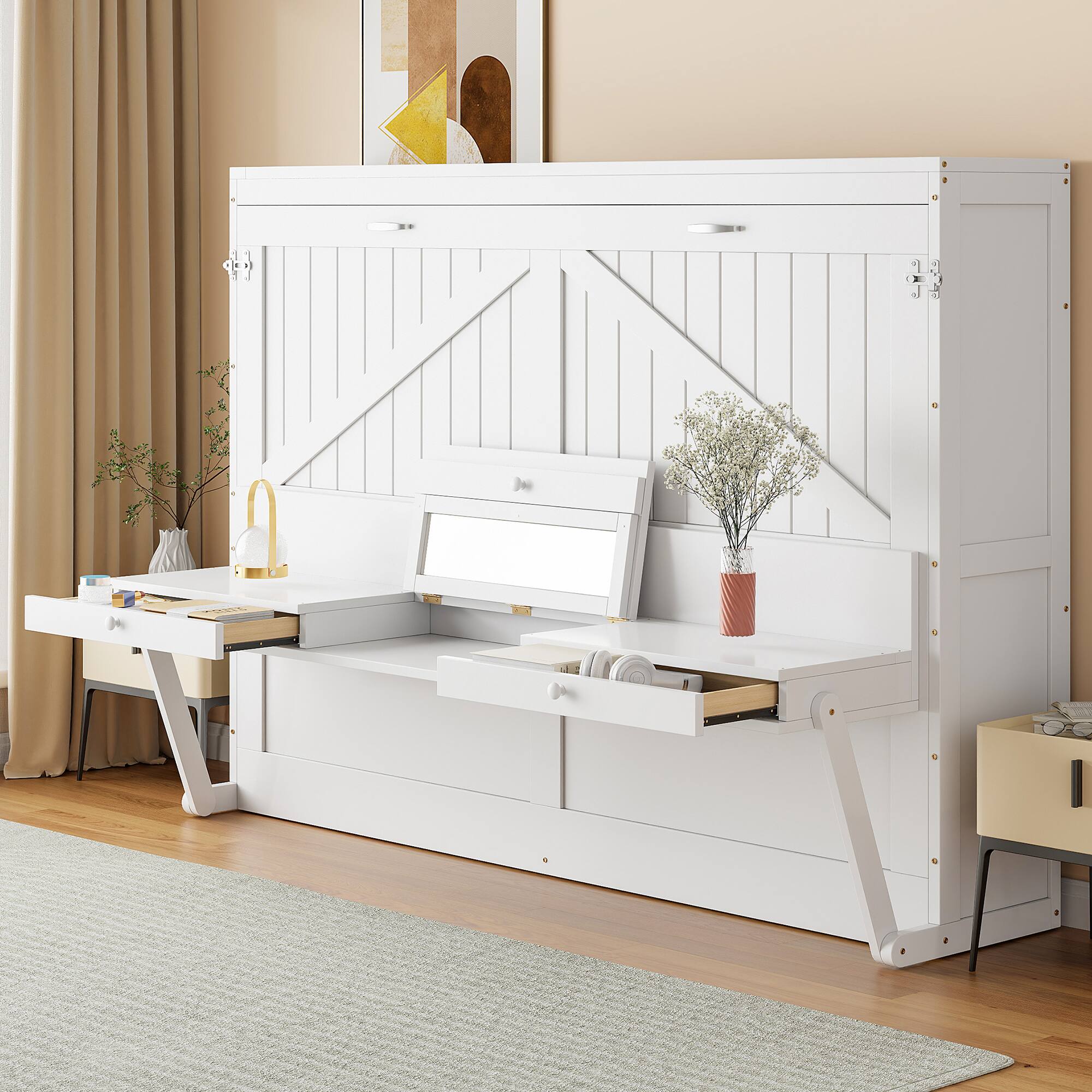 Angle. Anysun - Queen Size Wall Murphy Bed with Storage, Foldable Cabinet Bed with Vanity Desk, Center Mirror & 2 Side Drawers - White.