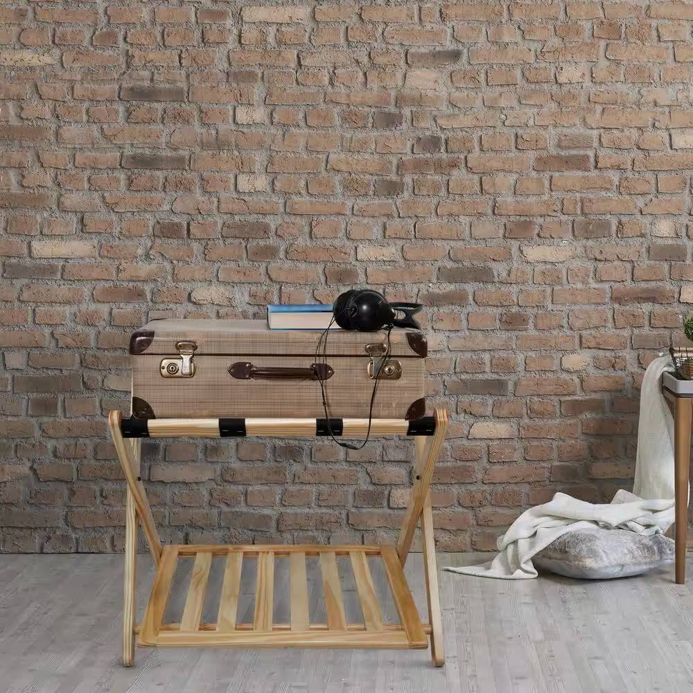 Angle. Hivvago - Solid Wood Luggage Rack with Bottom Storage Shelf in Natural with Black Straps - Natural.
