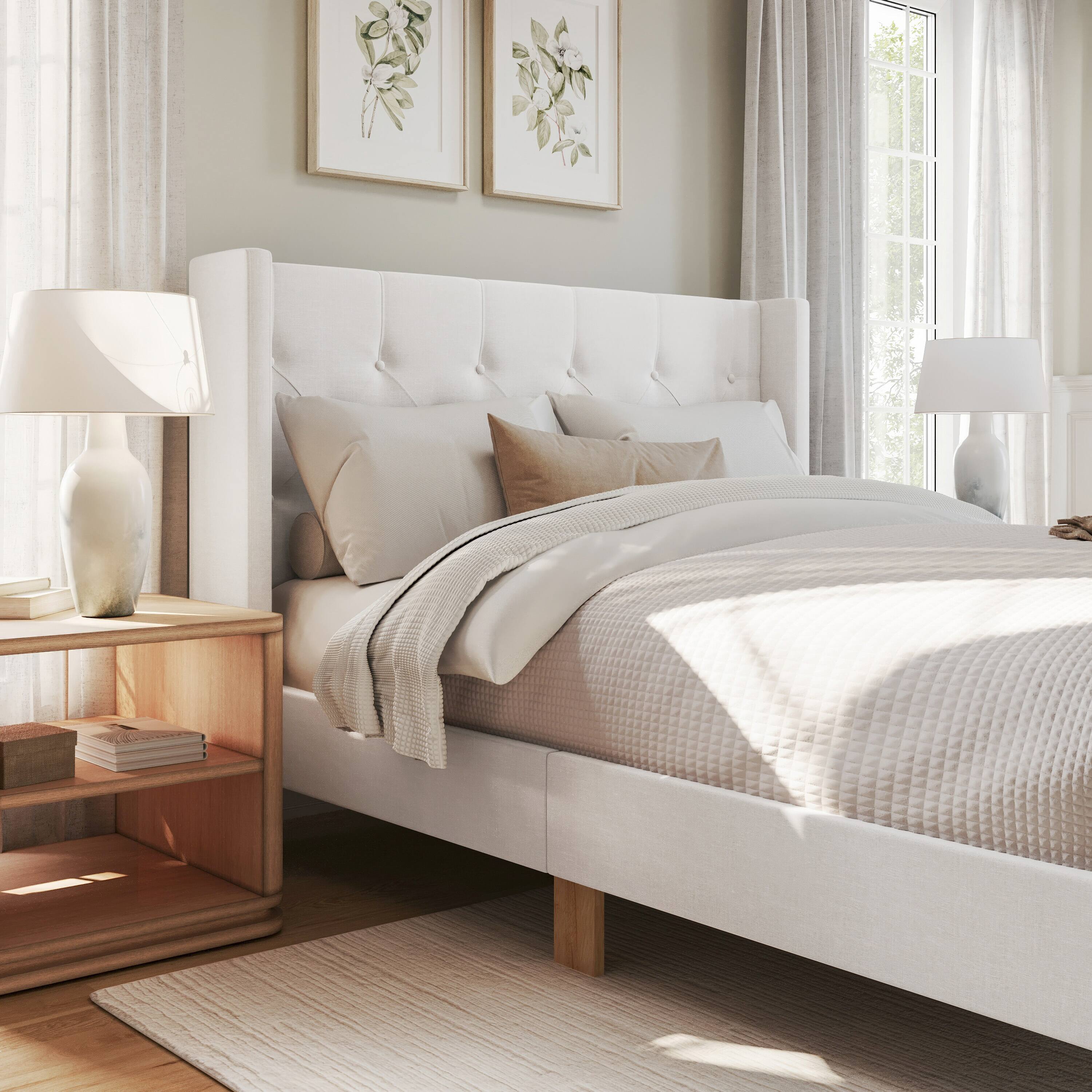 Alt View 4. Martha Stewart - Platform Bed with Tufted Wingback Headboard - White.