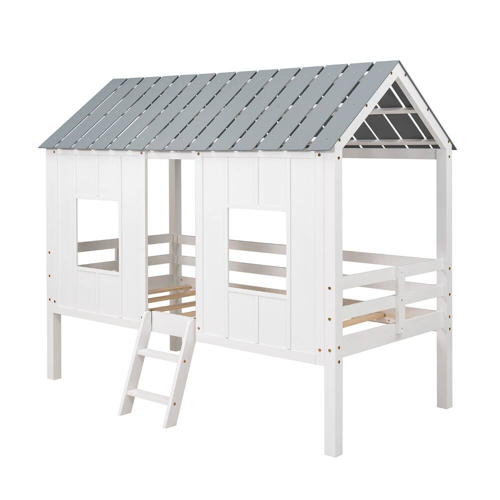 Alt View 4. Loheer - Loheer Twin House Bed Low Loft Kids Playhouse Bed with Roof White - White.