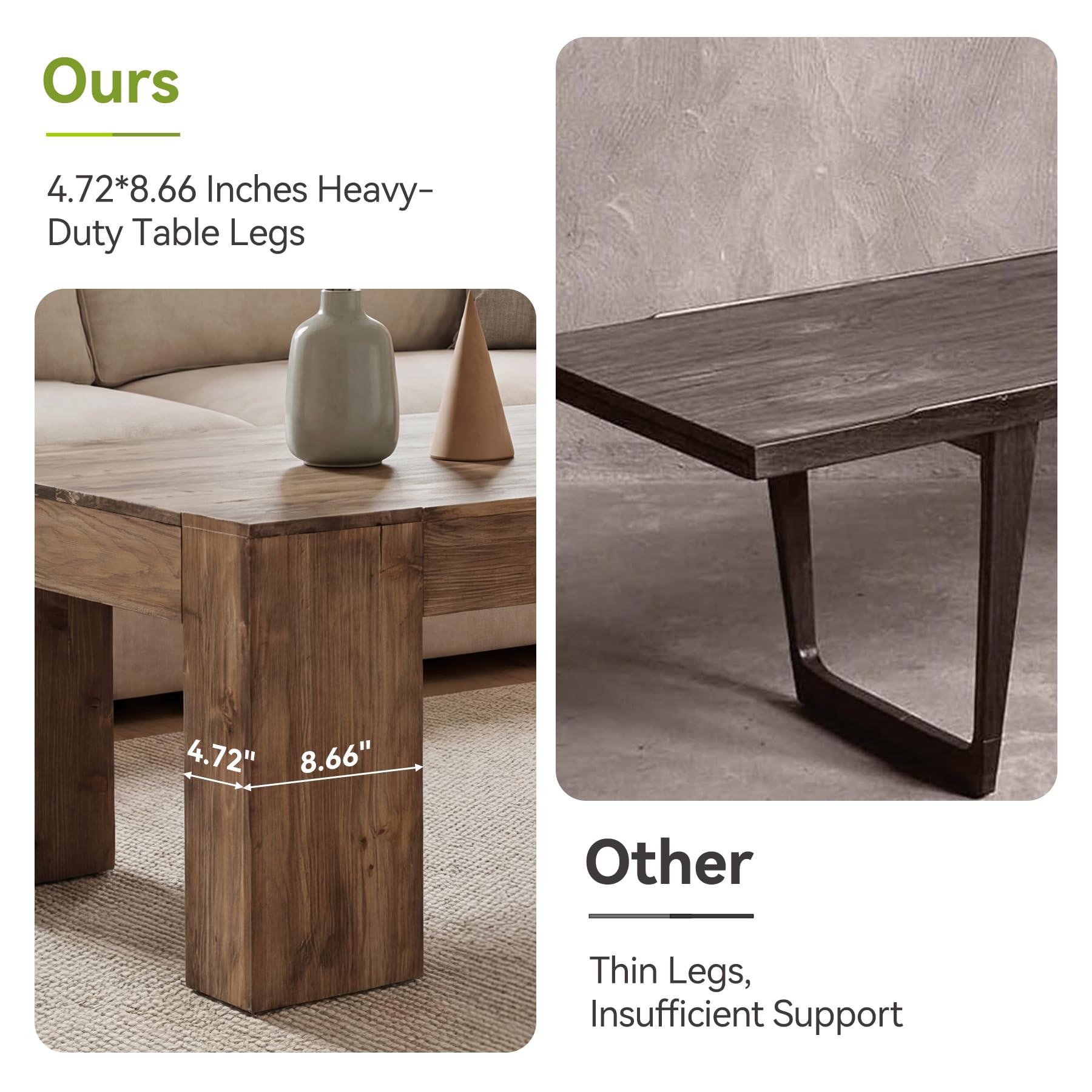 Ours  
4.72*8.66 Inches Heavy-Duty Table Legs  
4.72" 8.66"  

Other  
Thin Legs, Insufficient Support