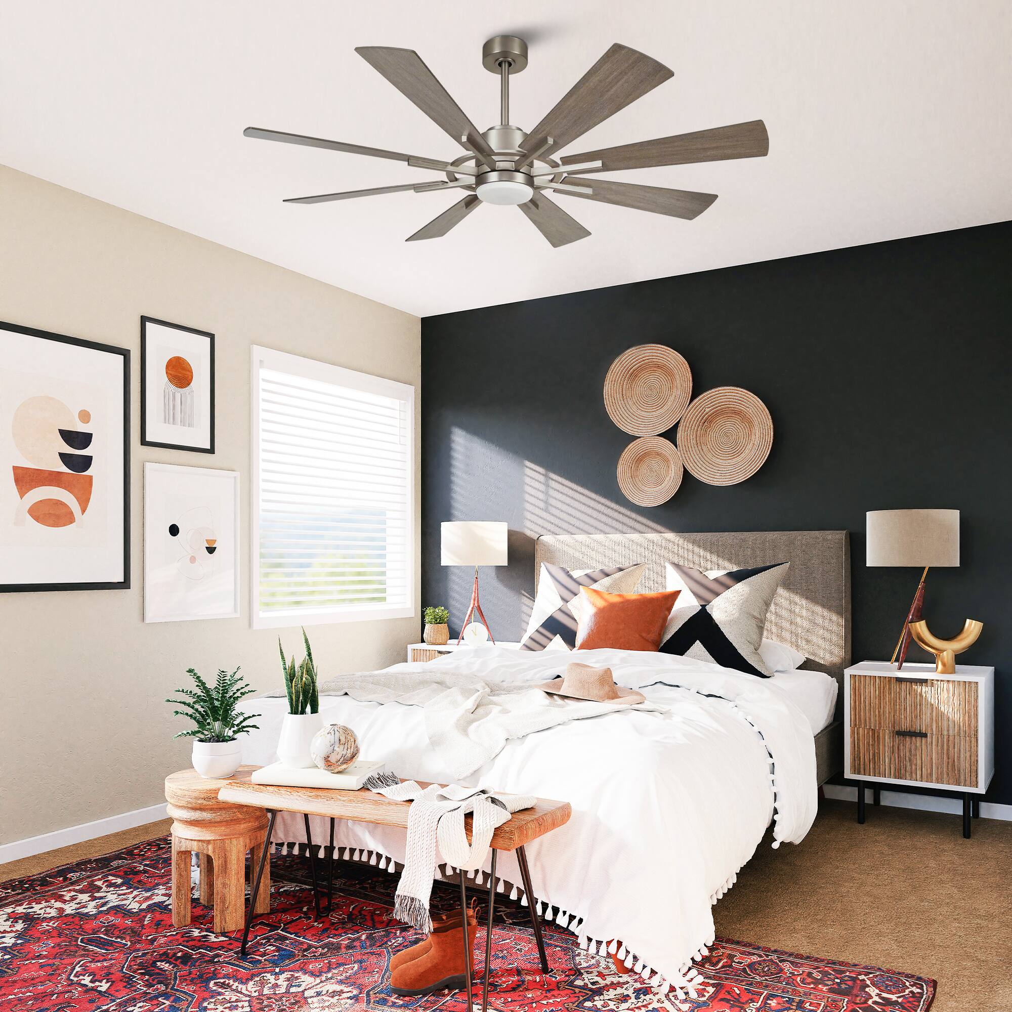 Left. Parrot Uncle - 60" Windmill 8-Blade Ceiling Fan with LED Light, Remote Control, Reversible DC Motor - Bronze.