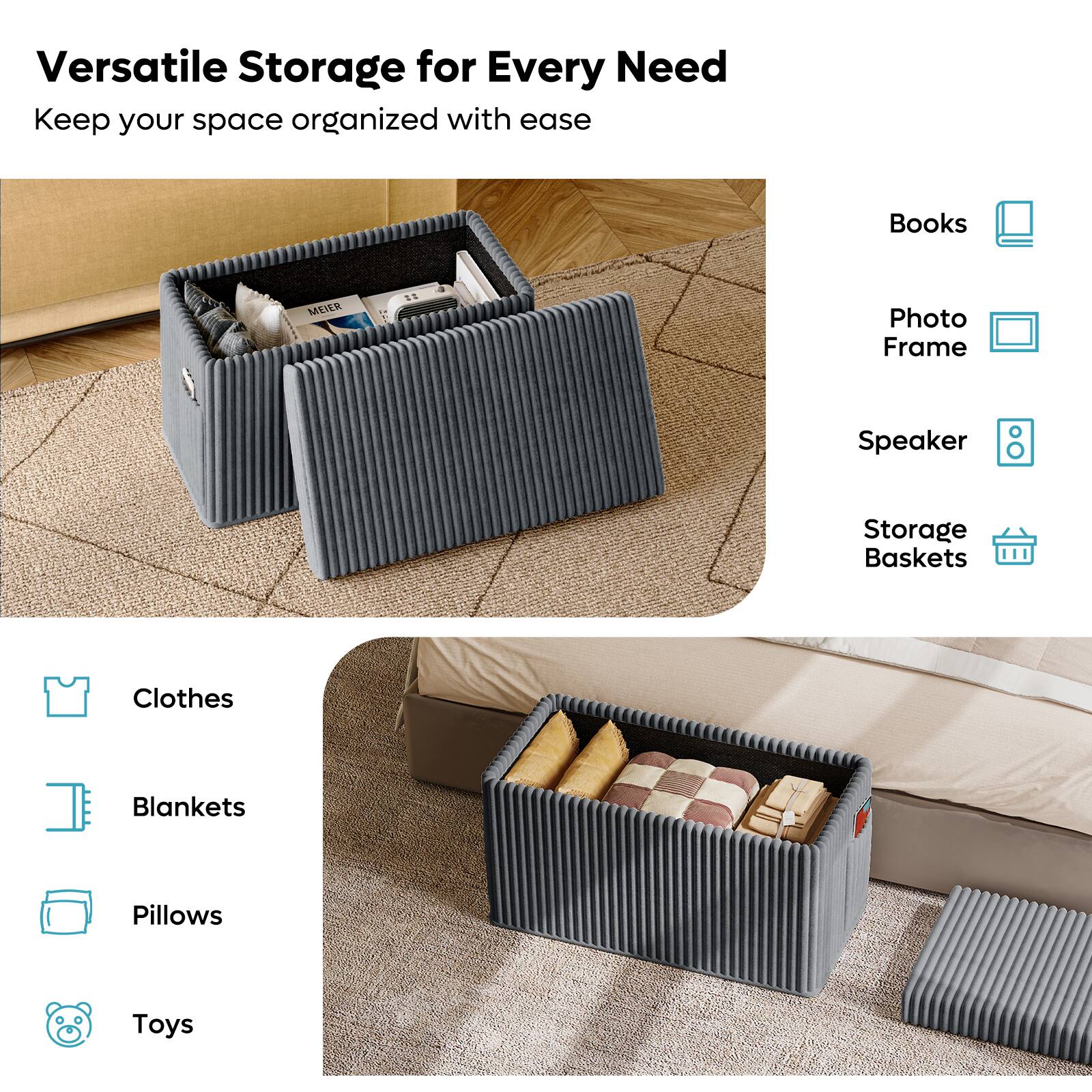 Books, Photo Frame, Speaker, Storage Baskets, Clothes, Blankets, Pillows, Toys