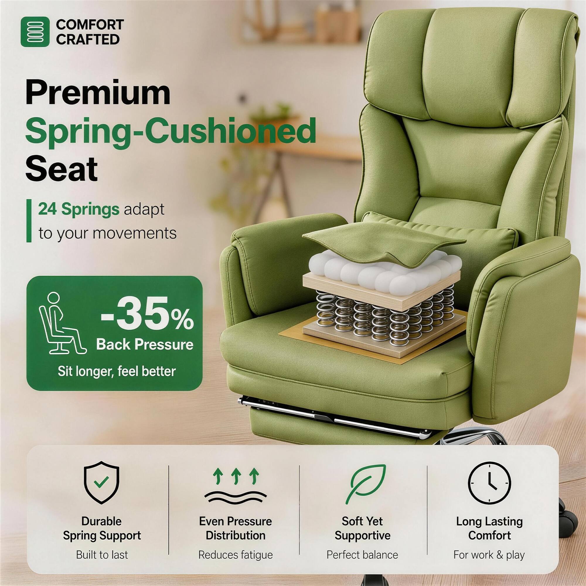 COMFORT CRAFTED

Premium Spring-Cushioned Seat

24 Springs adapt to your movements

-35% Back Pressure
Sit longer, feel better

Durable Spring Support
Built to last

Even Pressure Distribution
Reduces fatigue

Soft Yet Supportive
Perfect balance

Long Lasting Comfort
For work & play