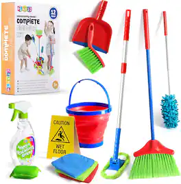 Play22 - Kids Toy Cleaning Set 12 Piece - Broom, Mop, Brush, Dust Pan, Duster, Sponge, Clothes, Spray, Bucket, Caution Sign