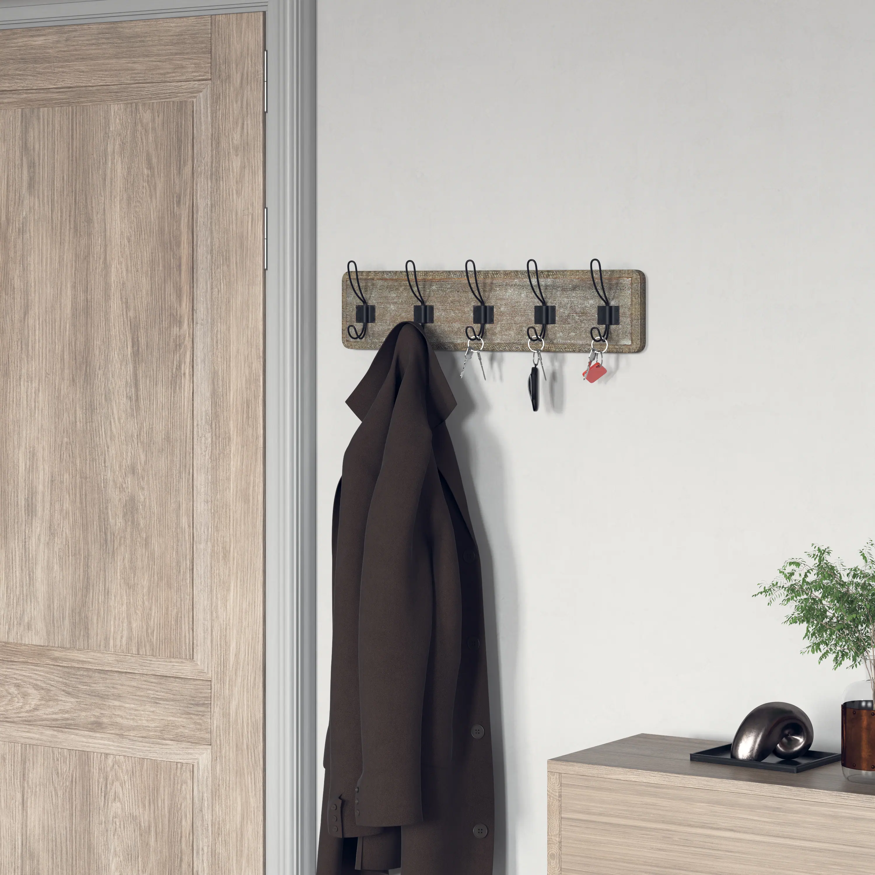 Alt View 1. Emma + Oliver - Wade Rustic Wall Hanging Storage Rack with 5 Hooks for Entryway, Kitchen, Bathroom and More - Weathered Brown Wood.